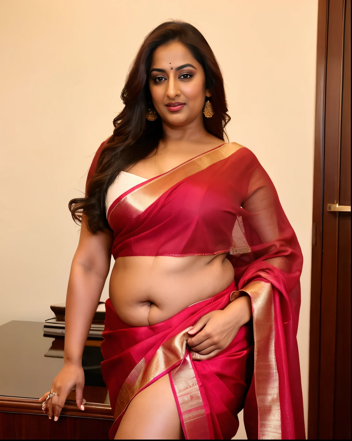 Foto RAW, photorealistic, photography, full body shot, master shot, perfect eyes, goddess like beauty, pierced eyes, perfect thick chubby mallu Desi aunty bhabhi, Full figured woman, juicy thick figure, bulky figure, curvy, fleshy curvy figure, voluptuous body, wide body, full figured aunty, Sexy navel folds, fleshy figure, heavy figure, Wearing a Stanapatta, a chest-band.Saree model, model Photography, Indian saree shoot, Indian traditional wear advertising photography, traditional wear brand shoot, face of Indian actress Sonakshi Sinha, masterpiece, realistic, realism, incredible details, pleasure, photorealism, detailed skin, skin pores, high contrast, photorealistic Artstation 8k HD digital art trend of high definition and detailed realistic skin texture, ultra detail, realistic skin texture, armature, best quality, ultra high definition, (photorealistic:1.4),, high resolution, detail, raw photo, sweat, Re sharp, by Lee Jefferies Nikon D850 Film Stock Photo 4 Kodak Portra 400 Camera F1.6 Lens Rich Color Ultra Real Realistic Realistic Textures Dramatic Lighting Unreal Engine Trending at Art Station Cinestill 800,(pele altamente detalhada: 1.2), 8k UHD, DSLR, soft-lighting, alta qualidade, grain of film, Fujifilm XT3,she didn't like to wear blouse or bra, She doesn't like to wear bra or blouse as it is against her traditional customs, wearing a Bra or blouse is against her forbidden in her tribes ritual, traditional no blouse saree, detailed hairy armpits, hyper realistic skin, skin pores, sweat, veins,