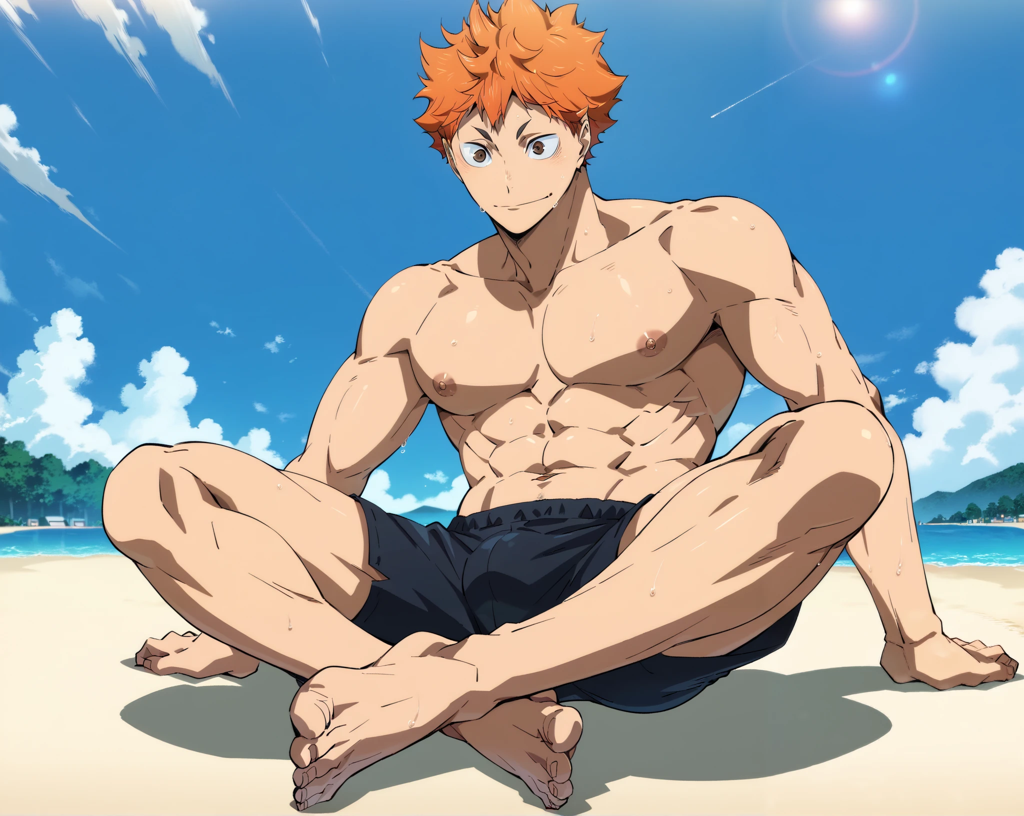 (Eine detaillierte Zeichnung von hinata, hinata ist ein ager und 14 Jth bare upper body, oiled body, he wears only shorts and is shirtless , the strongest of all, huge muscular body, big Bizeps, large shoulders, Muskelbeine,Abs, barefoot , Muskel Training, trains his muscular body on a green meadow, Full body image