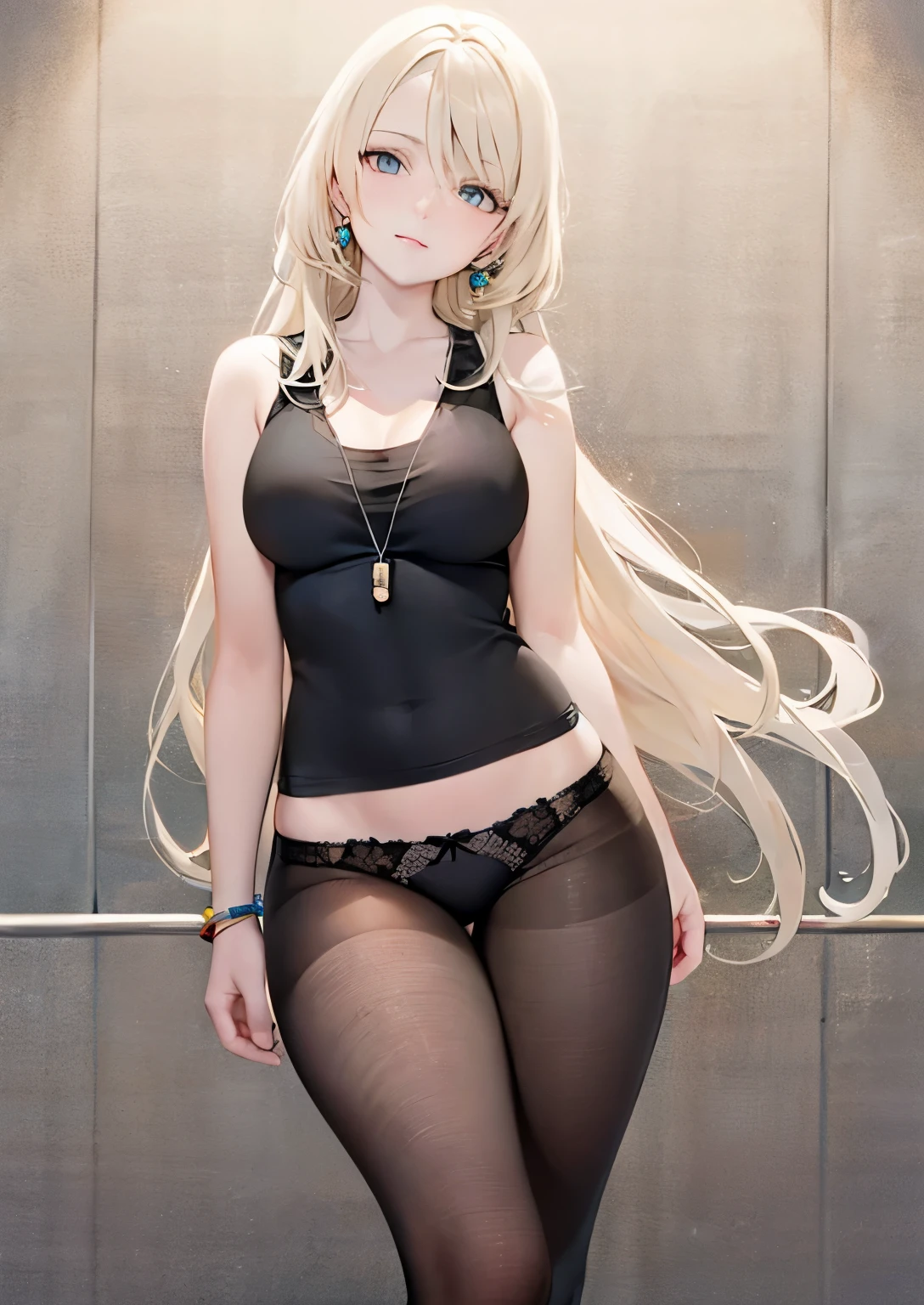 tank top /sleeveless White and I see that Black bra Black tights White and black panties Standing with long hair