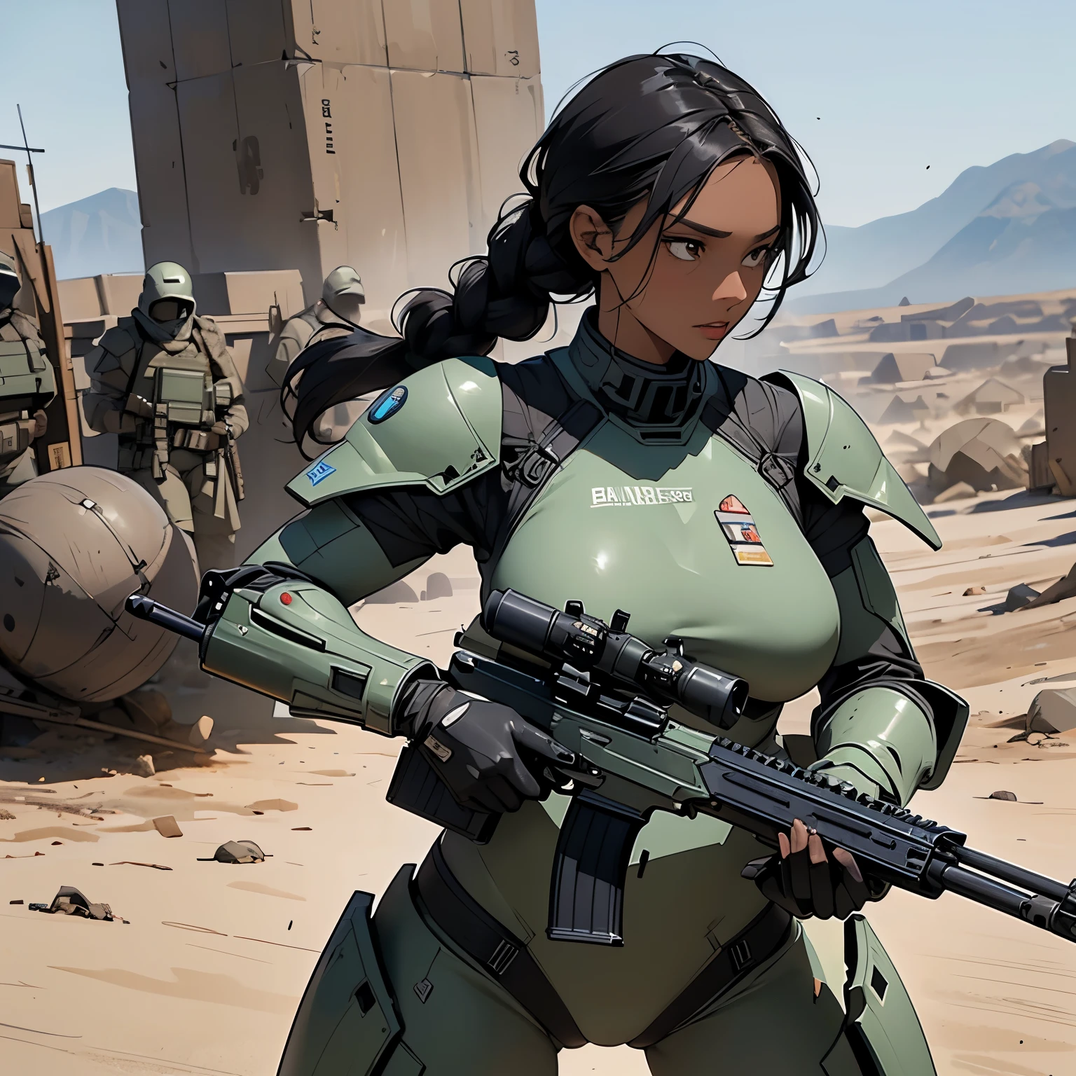 nsfw, anime screencap, 16K, perfect anatomy proportion body, perfect hands, action, A dynamic composition with a sense of speed and movement, (Hold an assault rifle:1.6), a wife, 40age, perfect beautiful delicate sexy face, perfect beautiful delicate eyes, braid-in-braid black hair, (dark skin:1.6), huge breasts, Camouflage colored heavy armor robotic steam engine full armor powered suit, Many robot soldiers having a gunfight in the background, Flying bullets, Desert Battlefield, war, cyber punk,