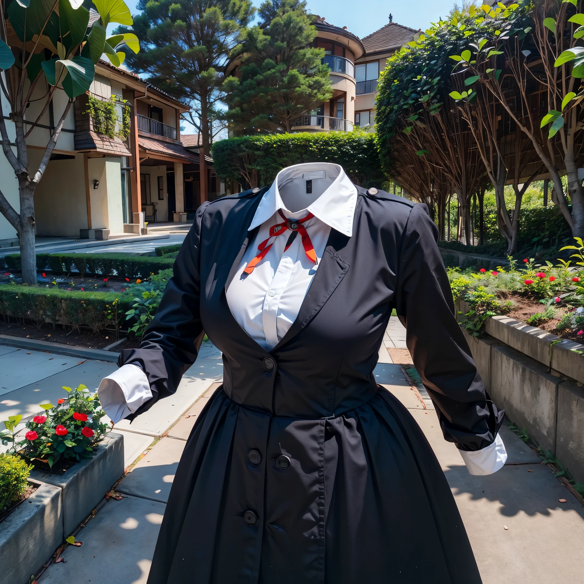 (invisible, no humans, headless, handless, faceless:1.5), 1girl, highres, chika1, fujiwara chika, school uniform, black dress, red ribbon, long sleeves, neck ribbon, collared dress, in garden, photon mapping, radiosity, ((Hasselblad photography)), physically-based rendering, detailed cloth texture, (close-up shot of breasts)