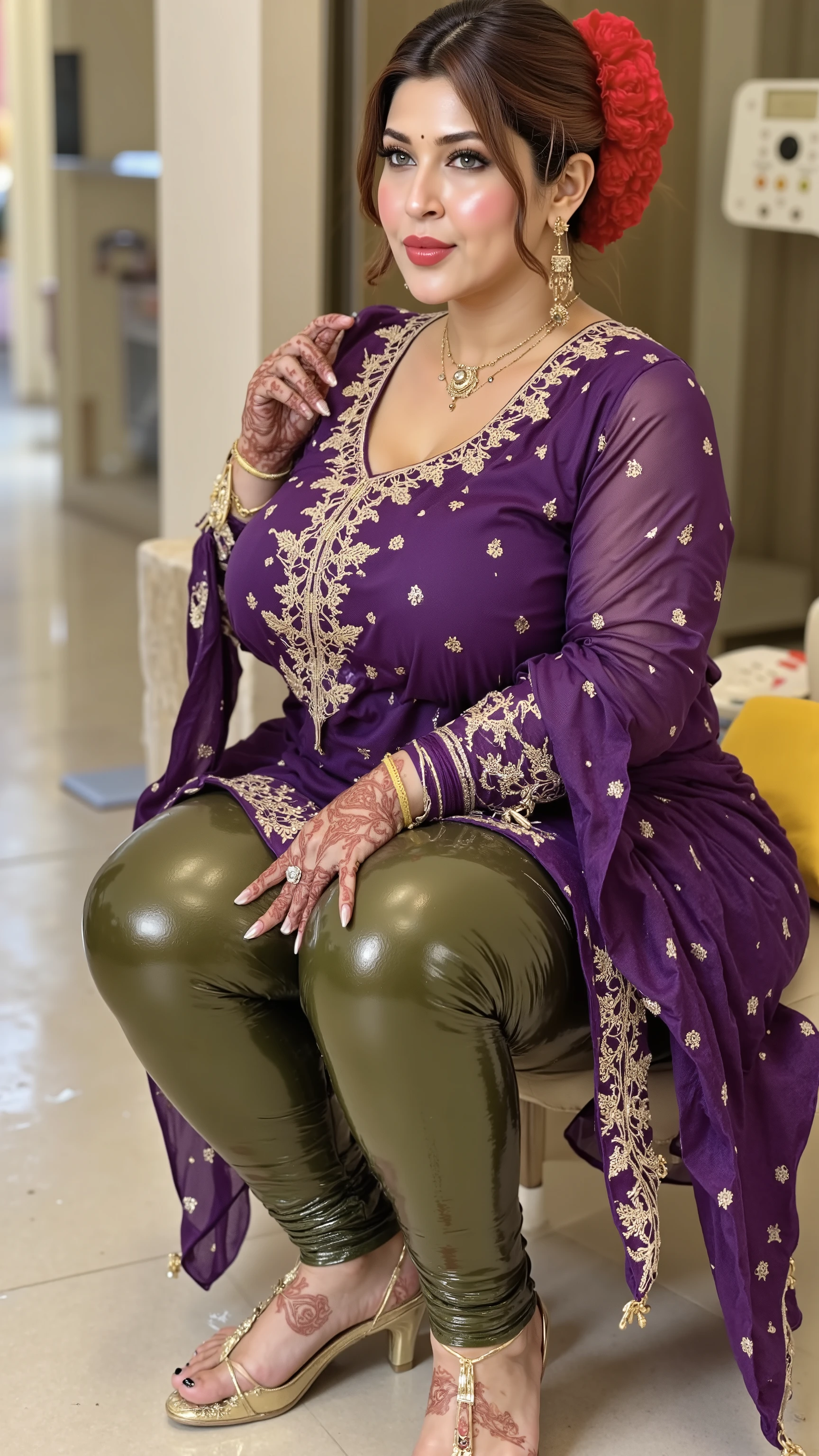 I am 40 year old plus size tall and big giant indian muslim women, looking like indian actress hansika motwani, wearing a gold boarded sleeveless transparent purple kurti and shining reflective glossy green tight leggings,red hijab,golden nose rings,nose stud, anklet,hanging ear rings,long golden chain on neck,white-skin,white skin tone, beautiful face,all indian traditional women make up and accessories,dark red lips, clean skin,low bun hair,celebrity face,,thick leggs, round ass,bulging ass,huge breast, side view of woman exposing ass ass and thighs through open kurti slit,sitting on knees in kitchen and cleaning the floor,looking the viewer,