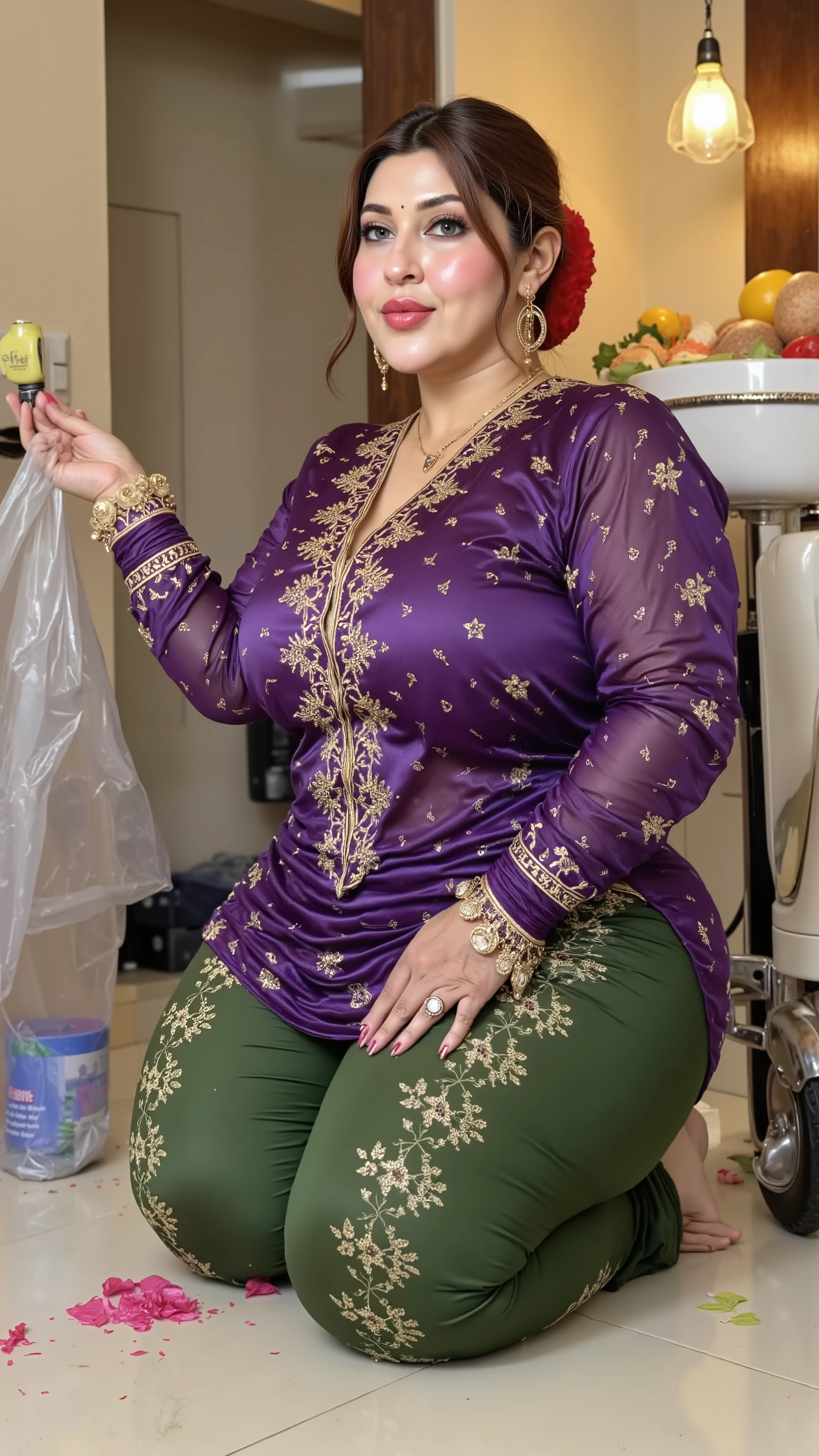 I am 40 year old plus size tall and big giant indian muslim women, looking like indian actress hansika motwani, wearing a gold boarded sleeveless transparent purple kurti and shining reflective glossy green tight leggings,red hijab,golden nose rings,nose stud, anklet,hanging ear rings,long golden chain on neck,white-skin,white skin tone, beautiful face,all indian traditional women make up and accessories,dark red lips, clean skin,low bun hair,celebrity face,,thick leggs, round ass,bulging ass,huge breast, side view of woman exposing ass ass and thighs through open kurti slit,sitting on knees in kitchen and cleaning the floor,looking the viewer,
