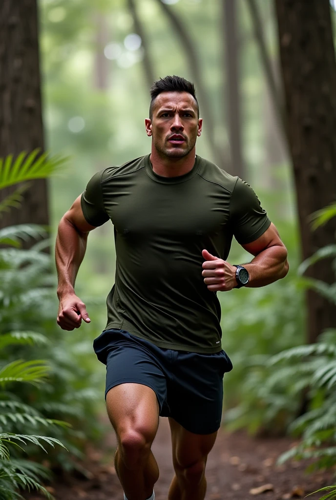 A middle-aged man in a vest running on the grass,shorts,high-definition,Detailed background,muscular, muscular的身体,Asian Face,Attractive muscular man,50-year-old male ,sports, muscular的男人, Partial male hair trunk, Wet,Sweating,Soaked, muscular, muscular的身体, Hairy chest and body,