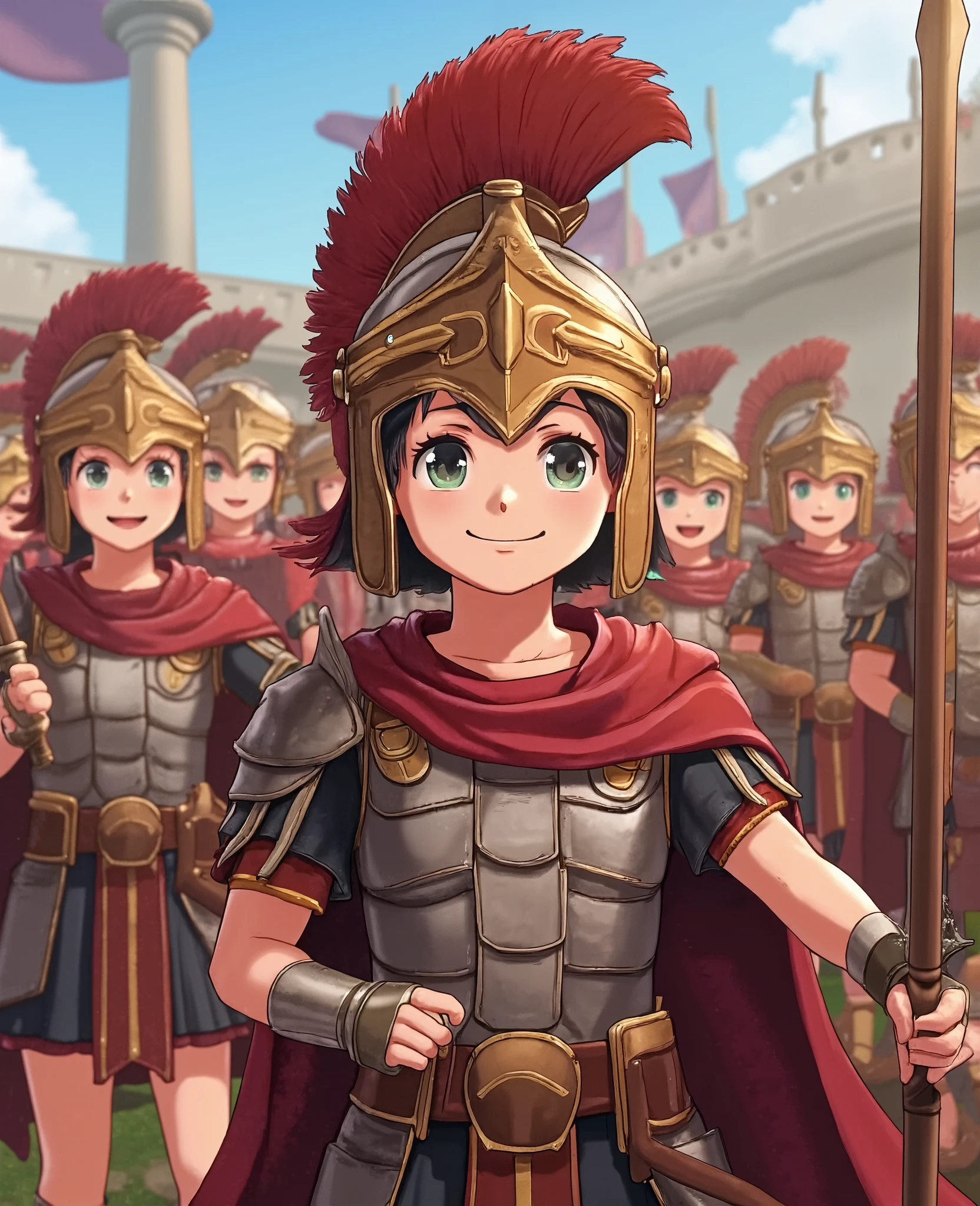 A young boy shota Roman soldier from the Centurion patent, He is a cute, in anime version, she's smiling slightly , The background of the image is on a large group of youngers s boys shotas dresses like Romans soldiers from the Centurion patent