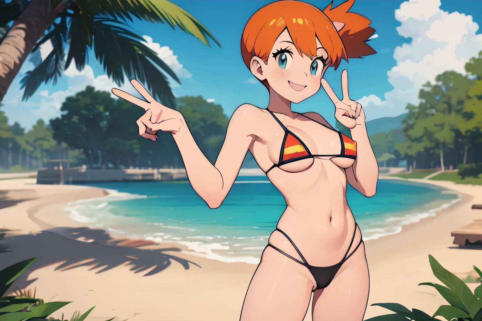 masterpiece, best quality, highres, 1girl, arold, 12 ysty (pokemon), orange hair, solo, bikini, slutty bikini, suspenders, side ponytail, orange hair, short hair, microbikini, small breasts, young slut, sexy pose, open legs, smile, cowboy shot, standing, peace_sign, outdoors, nsfw, slut, pornstar, nipples, cameltoe, pokemon rubbing her ass