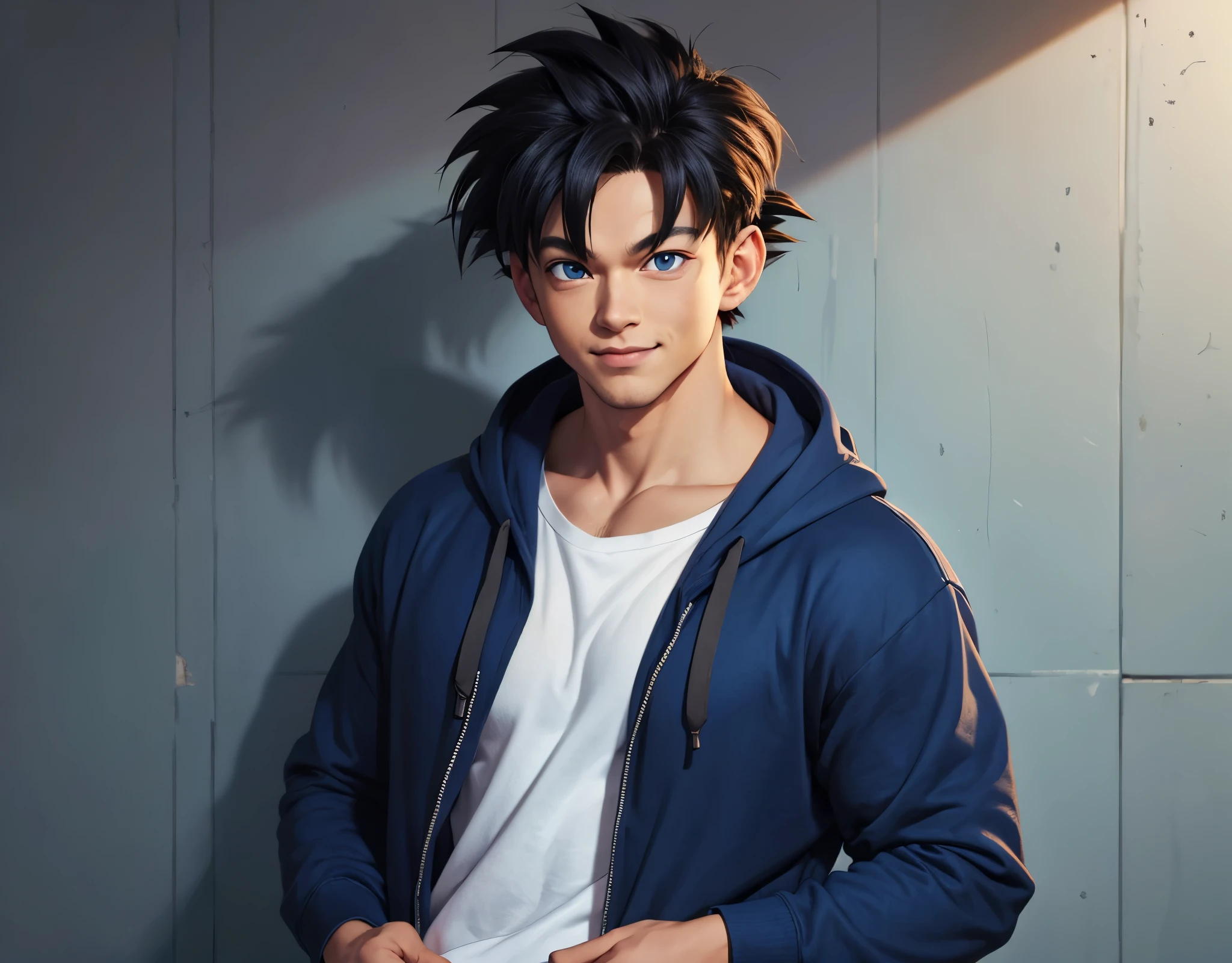 (photorealism:1.2), goku, blue eyes, realistic eyes, calm smile, black open hoodie long sleeves, white shirt, light and blue wall behind character, standing, character looking to viewer, full head