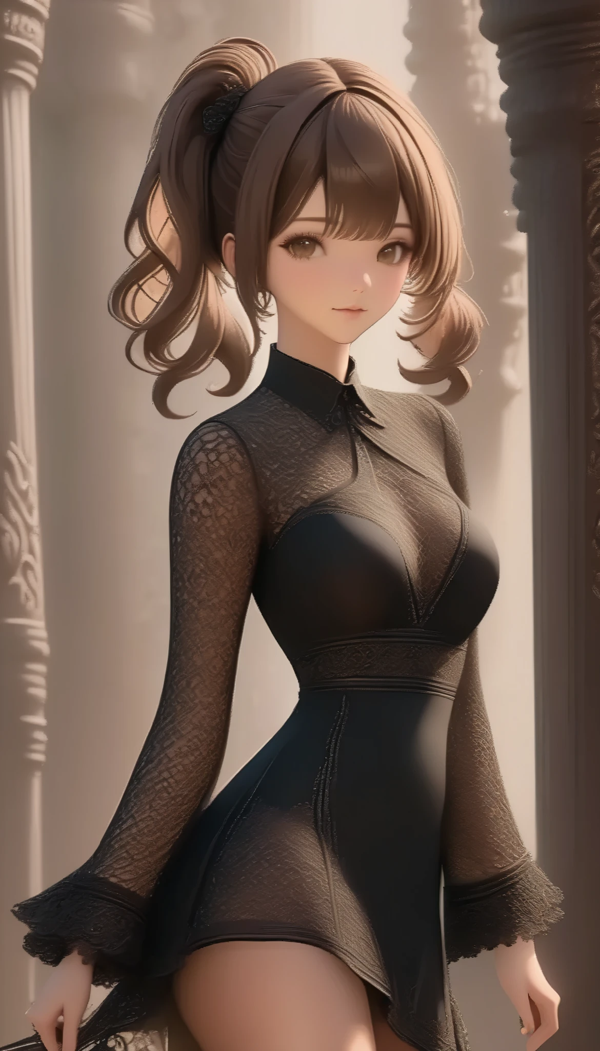 Masterpiece,  best quality ,  movie stills,  1 girl, staring at viewers、 nudes、 Protruding Breasts 、Claim your breasts、Fatigue、 Shapely breasts, Mesh Brown Hair、 twin tails:1.3、 short hairの twin tails:1.1、 short hair、 nudes、 stylish black dress:1.3,(Intricate and detailed art:1.6), ( cuteの娘:1.5), cute:1.5,  best quality 、 super high resolution、Masterpiece:1.5、８ｋ