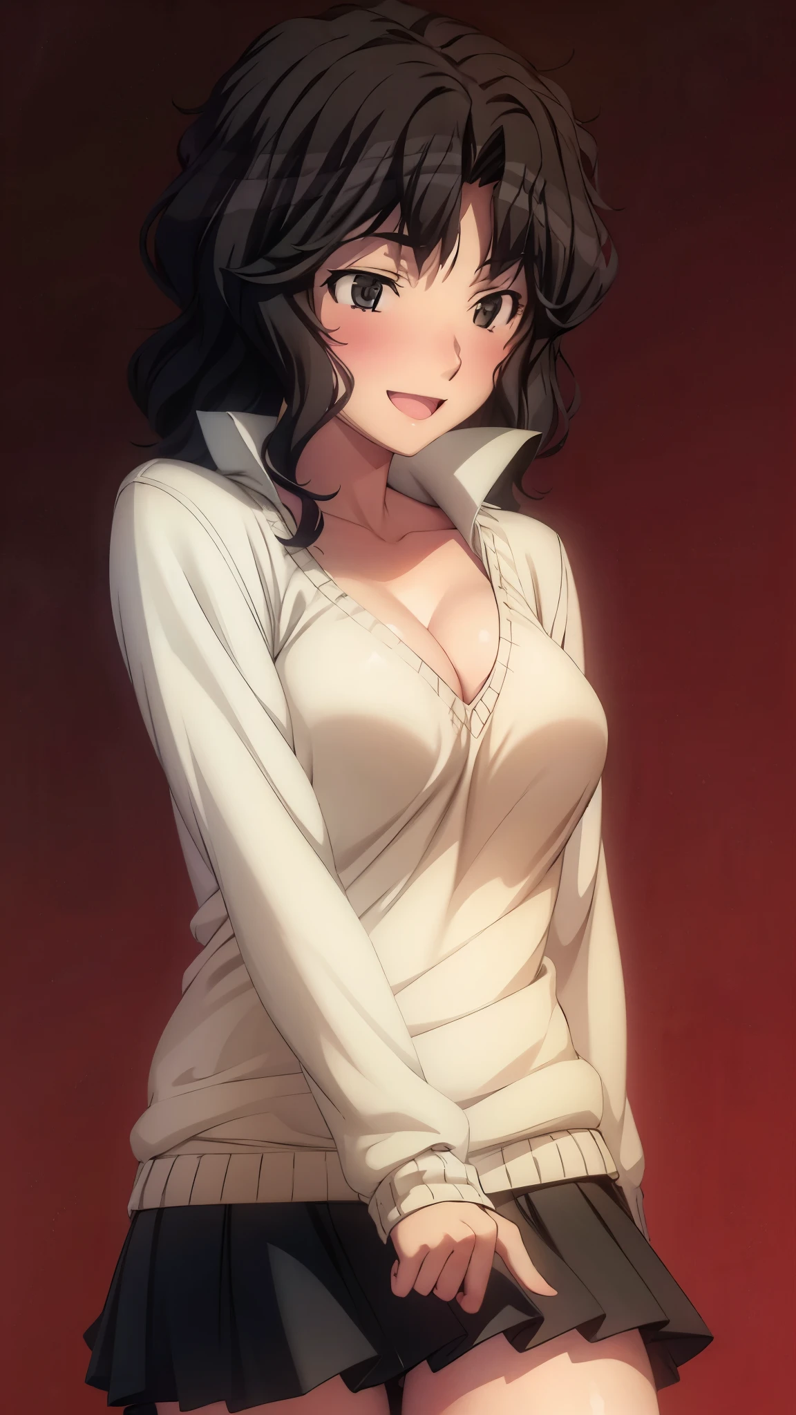 （ super high quality , super high resolution,16k,super masterpiece,Ultra HD ,Detailed shading and background,） sexy girl ,（ white shirt, cleavage in years, cream sweater, black miniskirt,）smile,blush,
