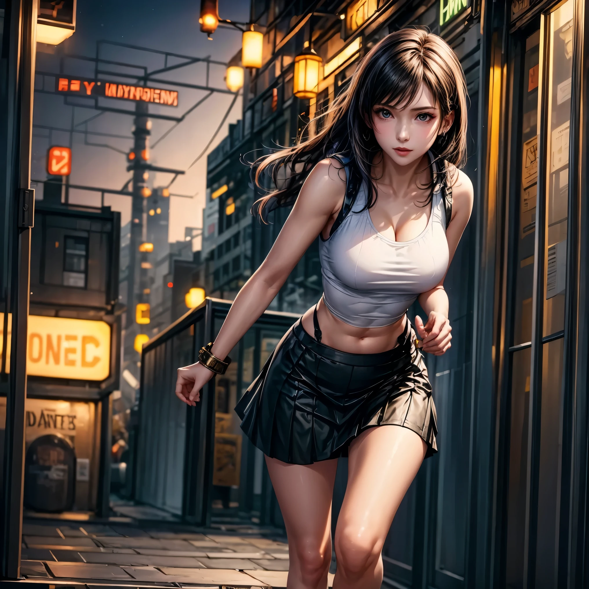 photo-realistic,Realistic illustration in Manga style,((Masterpiece)),((Best quality)),((Ultra detailed)),((1girl)),((solo)),((Waifu:1.5)),Perfect anatomy,Cute_face,waifu Tifa Lockhart final fantasy 7 remake,wet clothes,white blouse,black Miniskirt,black socks,Red_eyes,wavy hair,eyeliner,cute Makeup,((Perfect detailed eyes )),cyberpunk city,rain outside,nighttime,((Extremely CG Unity 8K Wallpaper)),Intricate details,extremely beautiful and aesthetic,Octane rendering,full body portrait,wet skin,((perfect detailed body)) --auto