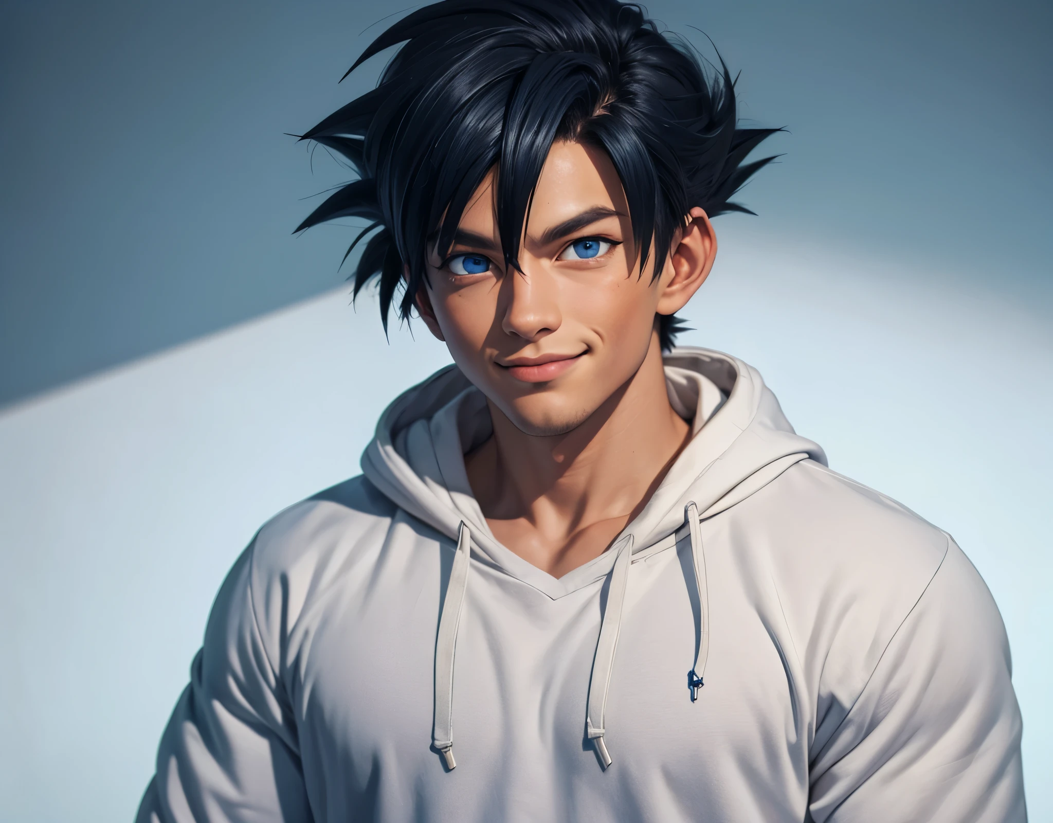 (photorealism:1.2), goku, blue eyes, realistic eyes, calm smile, black open hoodie long sleeves, white shirt, light and blue wall behind character, standing, character looking to viewer, full head