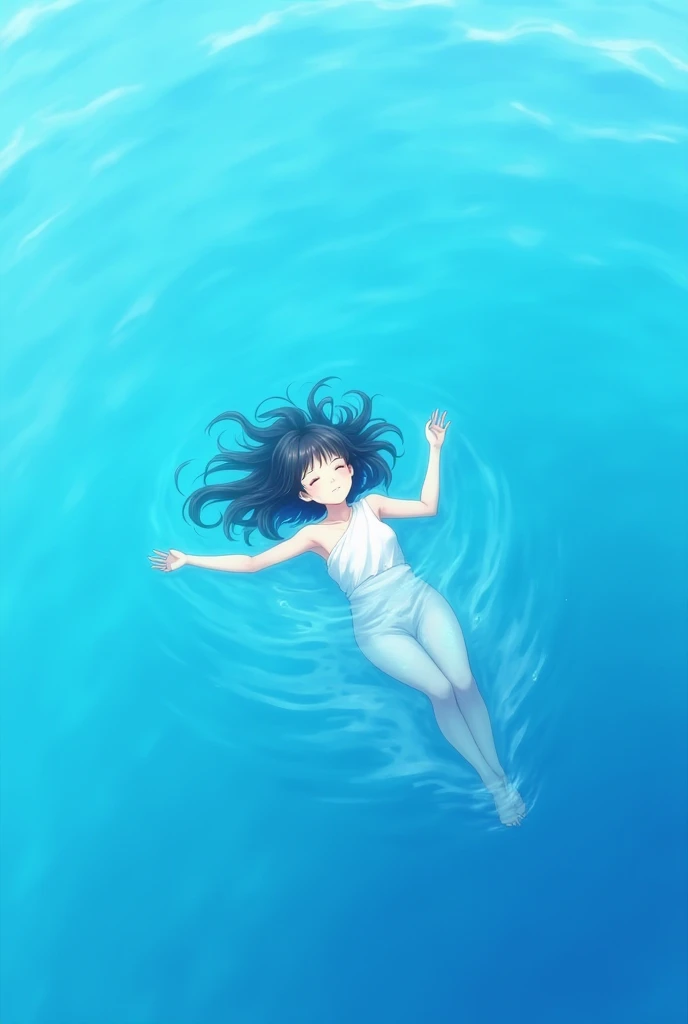 Naked Anime Woman, long flowing black hair, swimming breaststroke underwater in the sea, with water ripples on her body, side camera view, horizontal body position, deep far from the surface, white smooth sandy seafloor
