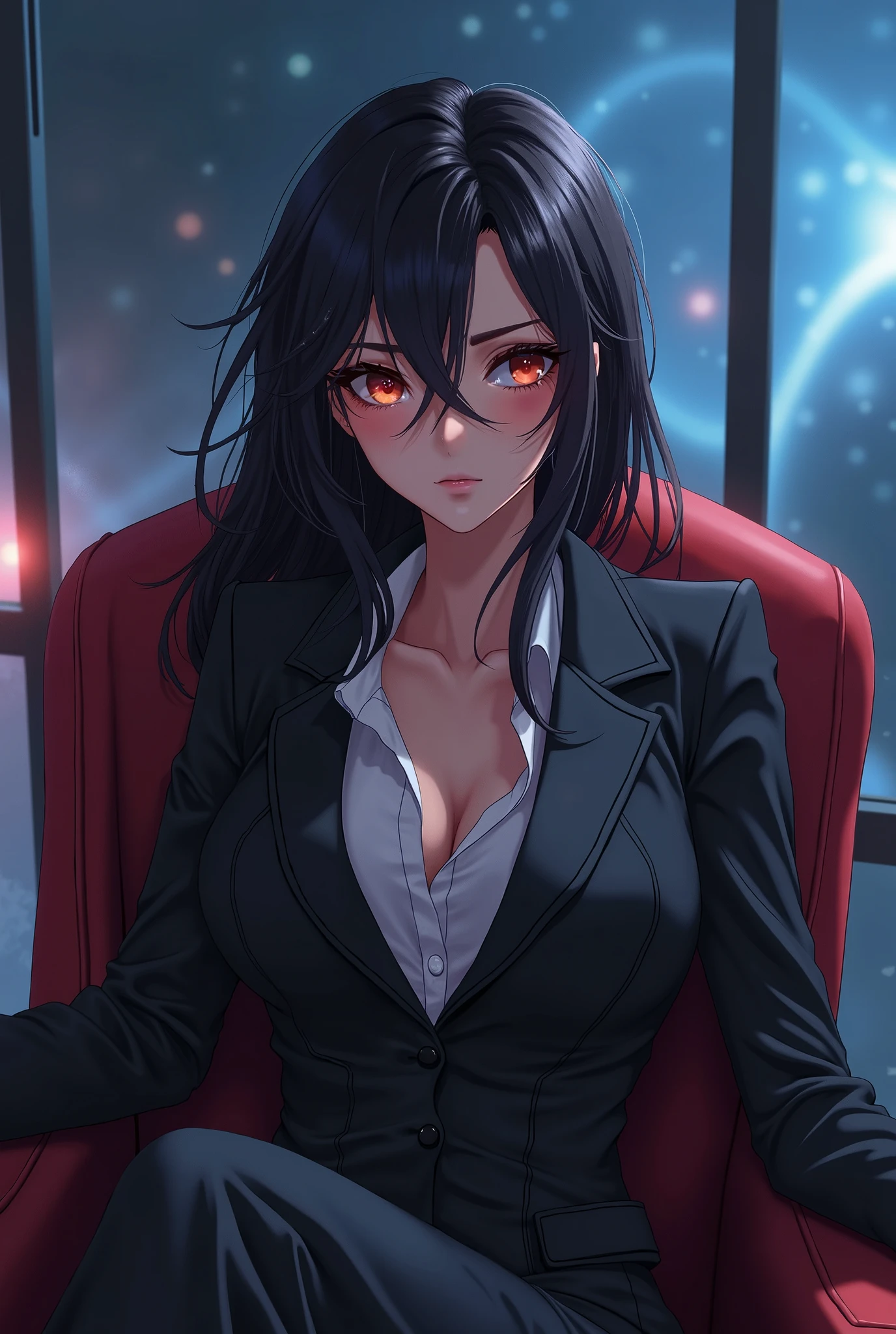 score_9, score_8_up, score_7_up, score_6_up, uncensored, yukinoshita yukino, absurdly long hair, grey eyes, black hair, very long hair, horny face, blush face, lips, naughty face, shiny skin, sweating, steaming body, curvy, voluptuous, glowing eyes, heavy breathing, (small breasts:1.3), bodysuit, official bodysuit, cape, hood, (detailed body, detailed face), (dim lighting:1.3), a woman in a black lingerie sitting on a couch in a room with a window and potted plants, transgressive art, cyberpunk art, Fan Qi, anime art, 