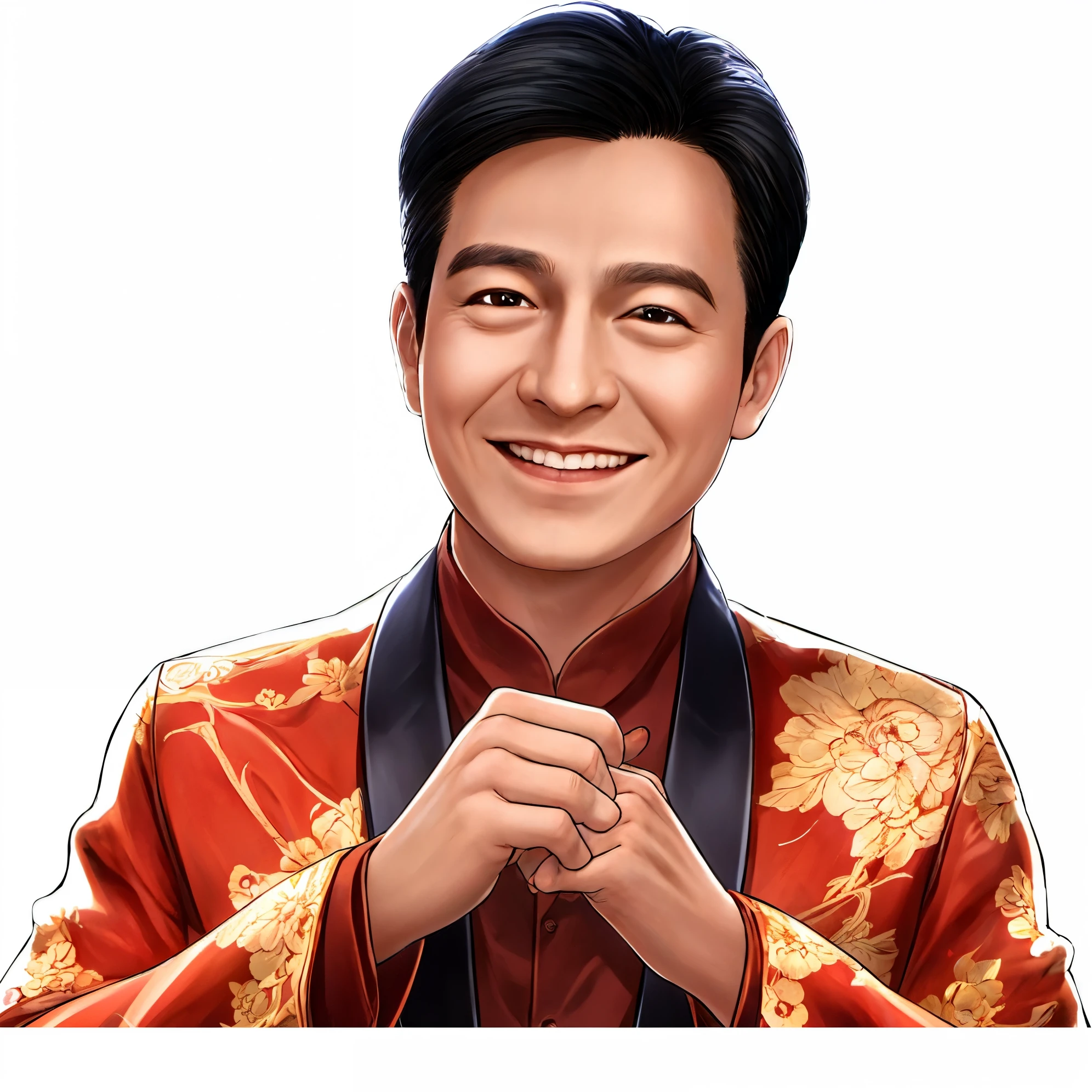 masterpiece,  top quality, Best Quality, Official Art , Andy Lau，手make a fist，make a fist， has a delicate and handsome face ，电影Actor，Andy Lau明星， Beautiful eyes  ,Smile，Handsome face,  Extremely detailed eyes and faces, Long eyelashes,  masterpiece,  high quality ,  perfect face, Smile ，Perfect Fingers,  Perfect Anatomy , Perfect Arms, Male celebrity，Handsome face， Actor， Hand Drawn Style Characters ，2.5D， ( Highest Quality ,16K, high resolution , masterpiece:1.2), super detailed,(Hyper-Reality, realistic :1.37),HDR, Ultra HD,  studio lighting  , Super Fine Painting , clearly focused, Physically Based Rendering , Extreme Detailed Description ,Professional, The bright colors , dark gothic ,  dramatic lighting  , Light and Dark Contrast, Mystery,joy，,Hyper-Reality主义, Best quality for fantasy masterpieces ，，clean background iw 2  ， Super Detailed ，16k，Textured Skin， high detail，3D Rendering，Ray Tracing，Octane renderer，Blender renderer ， C4D renderer aspects 9 ： 16 --niji 5 --s 180