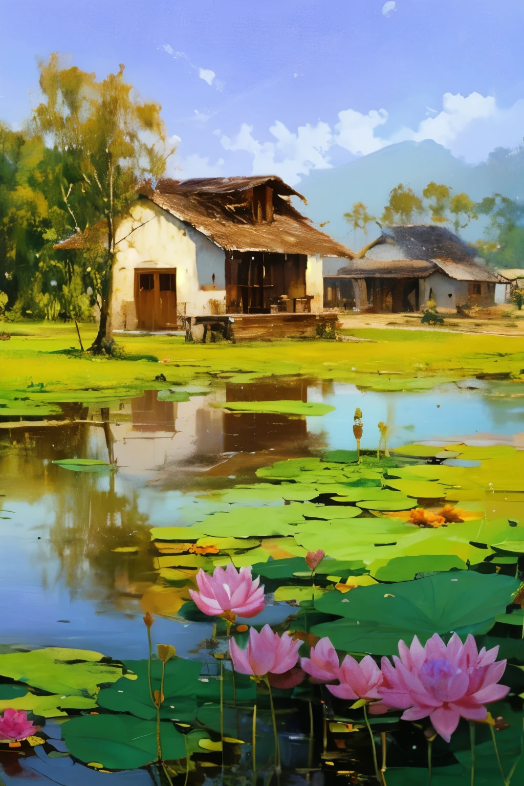 A painting of  super simple one story houses, straw house, far away ricefield landscape, , coconut tree, lotus flowers and lotus leafs in the water, by yimeng, Wu Guanzhong&#39;s style, village, Vibrant gouache landscapes, author：Ni Duan, by Cui Bei, author：Bohumil Kubista, by Ni Yuanlu, by Wu Guanzhong, Inspired by Sun Kehong, Detailed painting in gouache，reduce housing