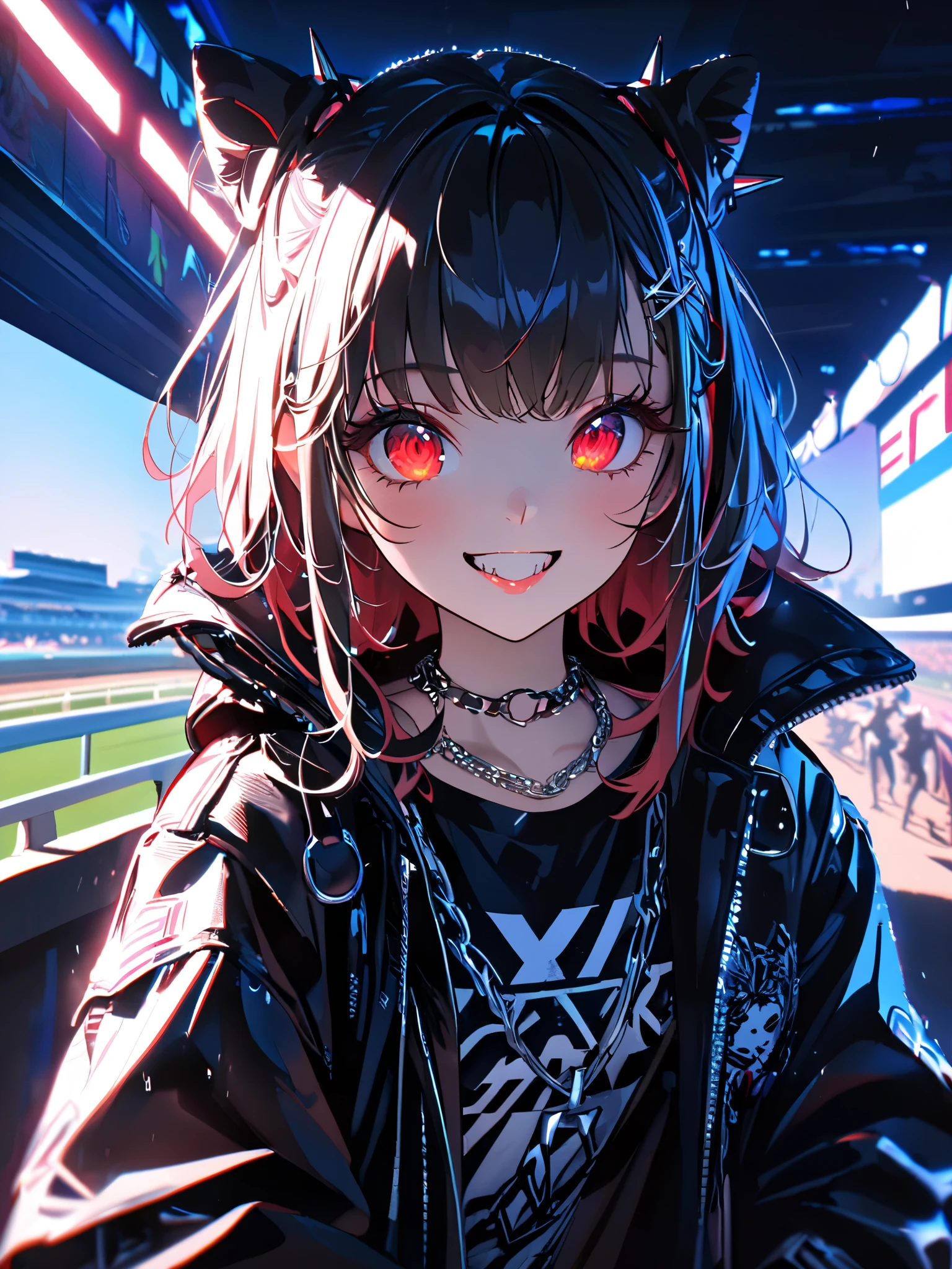1 girl, a cute dress with a long coat 、 in , beautiful eyes、 keyboard every little detail , Soft light, Masterpiece, top quality , complicated , Tone Mapping . Charterner v2 , , clear focus , dramatic lighting , Very cinematic, super Practical painting, art station trend , 8k, の素晴らしい影が付いた keyboard , Practical, whole body, View, Viewers, Portrait of a Girl 1, standing at the racecourse , Heavy rain and thunder、Dark Skies, neon and cyber punk background, she is dressed in punk clothing with silver chains and silver spikes, 彼女の髪teeth黒く染まっている ..........Ominous aura of light, smile, punk, ciber punk, backlit. : cute , . standing at the racecourse , . Beautiful red eyes. cute , keyboard . . teeth . Dressed like a brown horse 、 {x}, A girl around 20 dressed as a brown horse is wearing a horse costume .Breasts are big.Breasts are big
