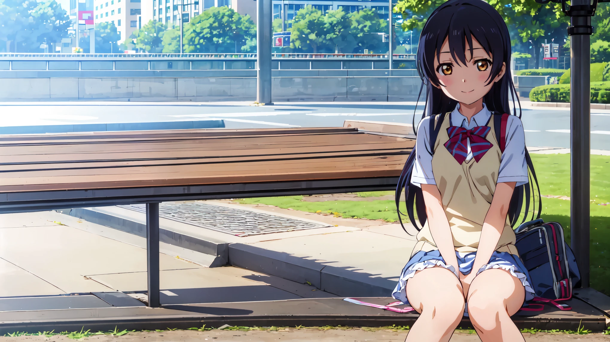 ((( Pixel Perfect ,  detail perfect))), Alone,  1 girl,  Sonoda Umi  ,  school uniform,  Audience , smile、子供綿 underwear , underwear ,  translucent chemise sitting at dusk in the park 、,  low angle、 white print panties、  flat chest、Bloomers,Panties are visible through the gap