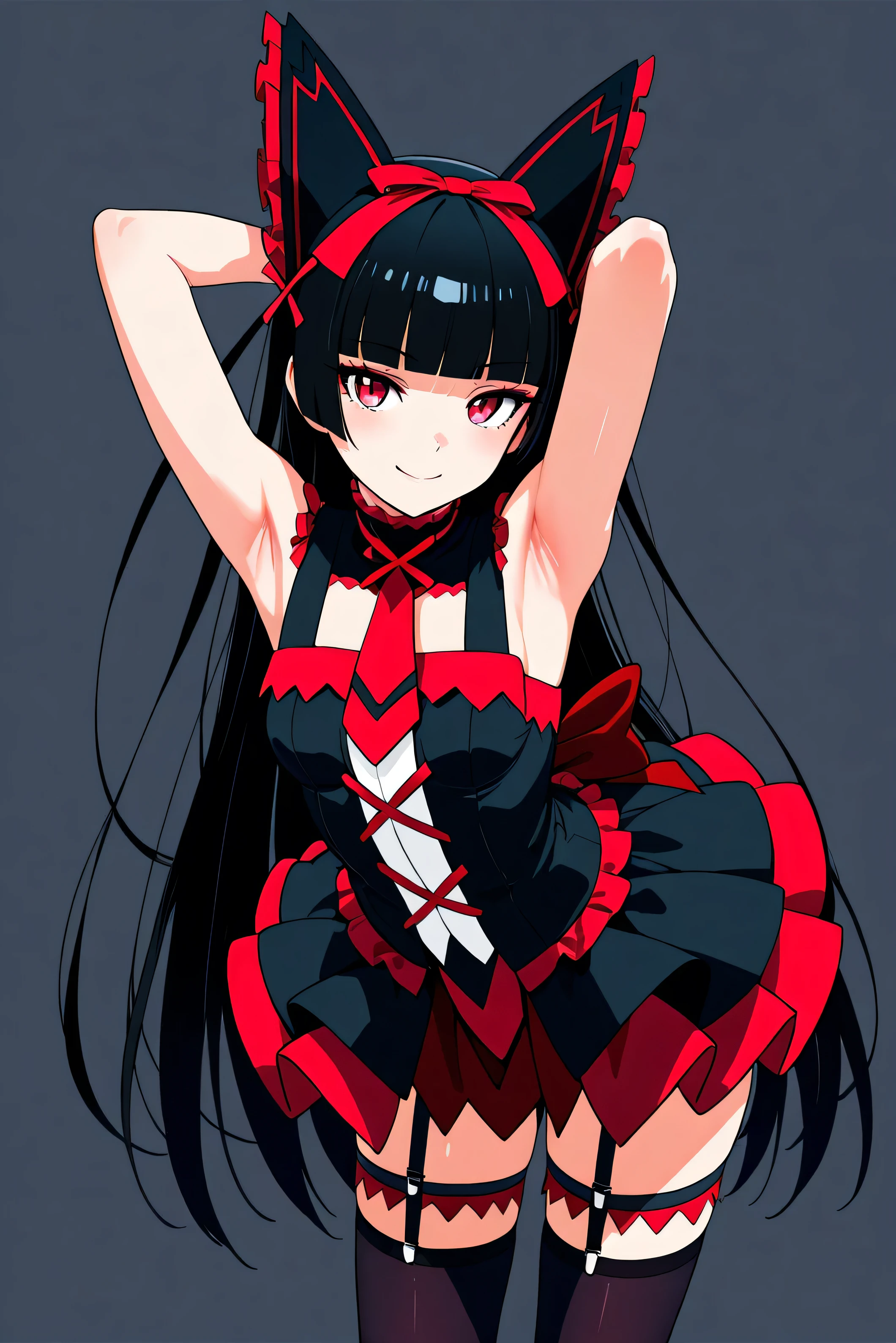 masterpiece, best quality, 1girl, solo, 21 year old model, eyelashes, (beautiful eyes),sleeveless dress,bare arms,hands behind head, bare armpits, armpit crease, zzRory, rory mercury, red eyes, long hair, black hair, blunt bangs, hime cut, very long hair, hair ribbon, black dress, black thighhighs, garter straps, bow, cowboy shot, leaning forward, smile, looking at viewer, shiny skin,
