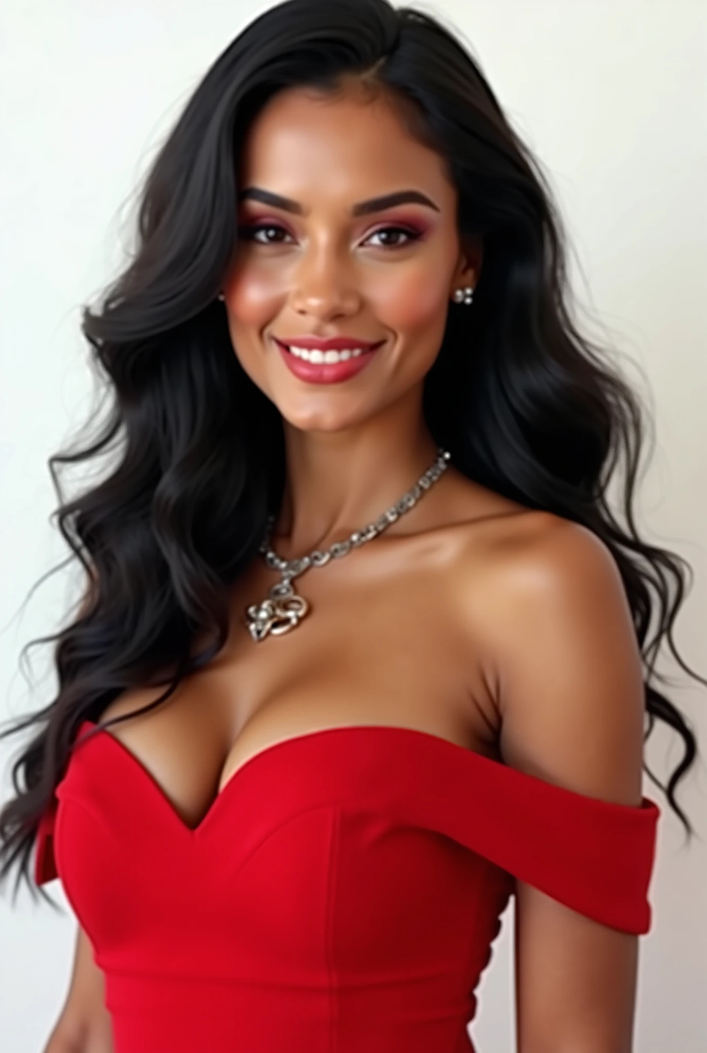 beautiful woman 、、 She is wearing a red off-the-shoulder dress、Red eyeshadow 、 black hair、  hairstyle shortcuts、wavy hair 、 、 ear piercing、 Smiling Face Showing Her Teeth 、 necklace、 white background、

