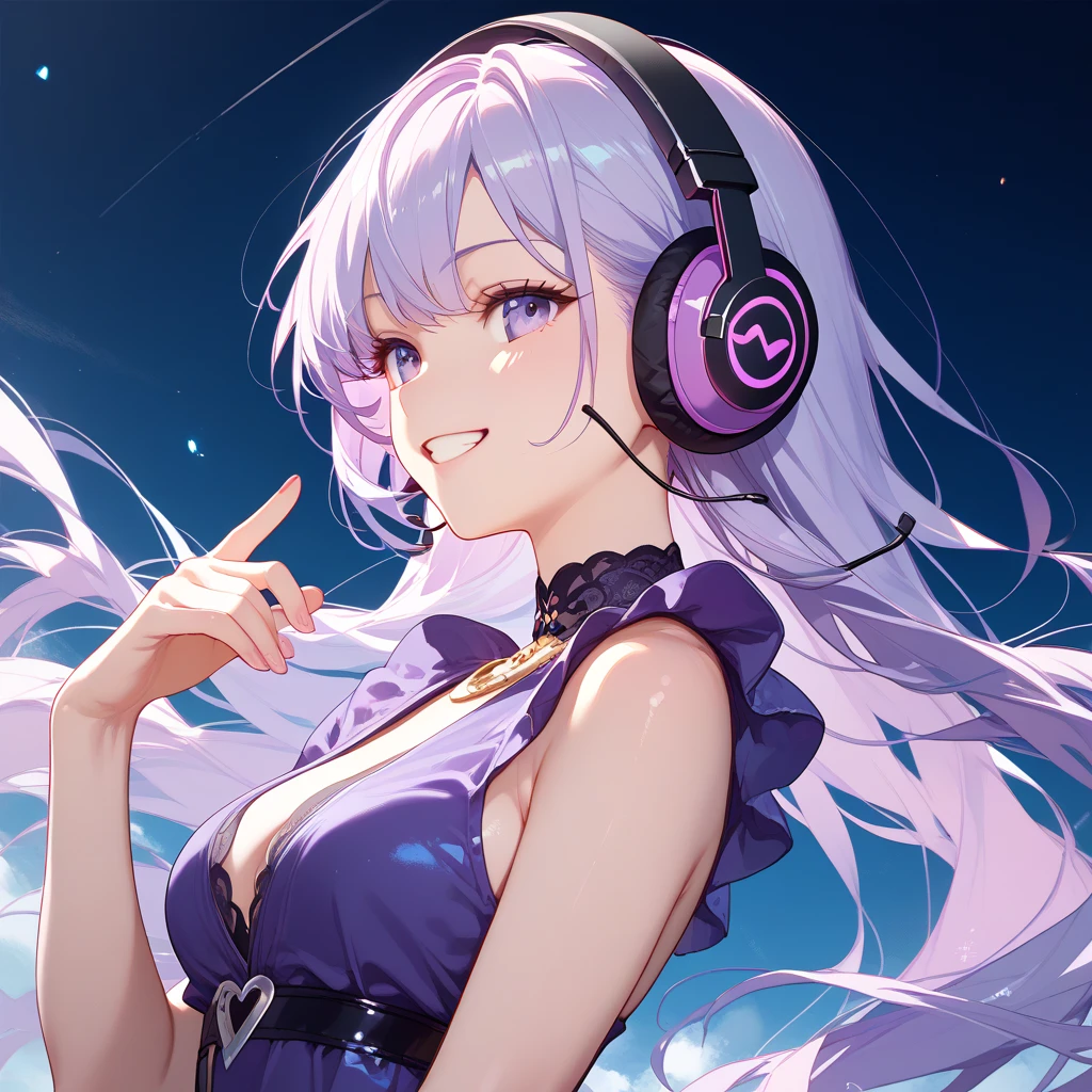  1 woman、 light purple hair 、 long hair、smile、 light purple eyes 、 White and Purple Dress 、singer、 headphones