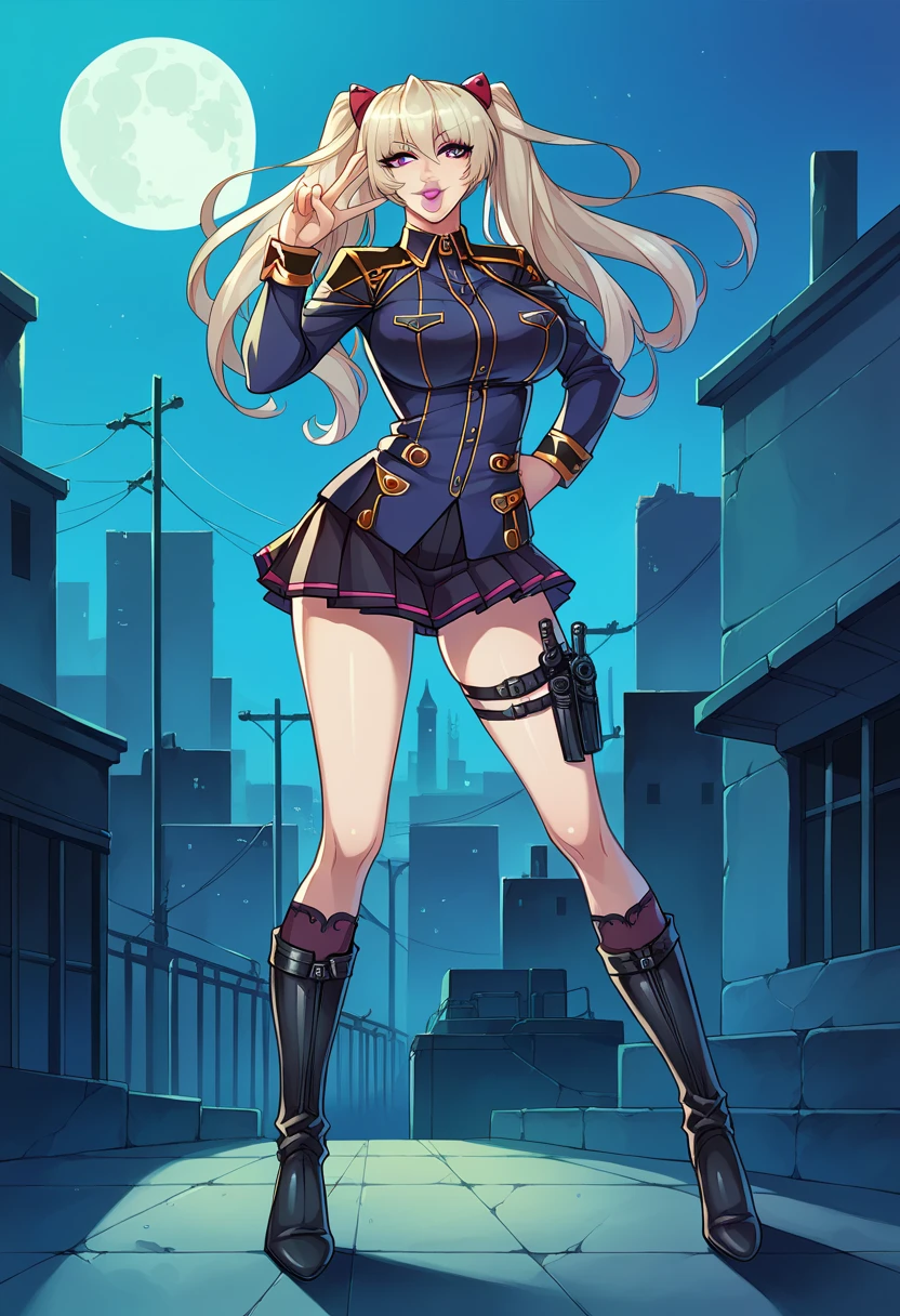 score_9, score_8_ up, score_7_ up, score_6_ up, No posts, break,
Kira Kushan standing , place her hands on her hips , showing the V sign , cowboy shooting at the audience,
1 girl, Black women, Alone,
Audience , , Open Lips, happy ,
twin tails, long hair, purple eyes, Thick lips, White lips,
military uniform, pleated skirt, knee-high socks with lace, High Heel Boots, thigh holster ,
curved , big breasts,
Outdoors, knight , city, rooftop , moon,、 bikini、Leopard print