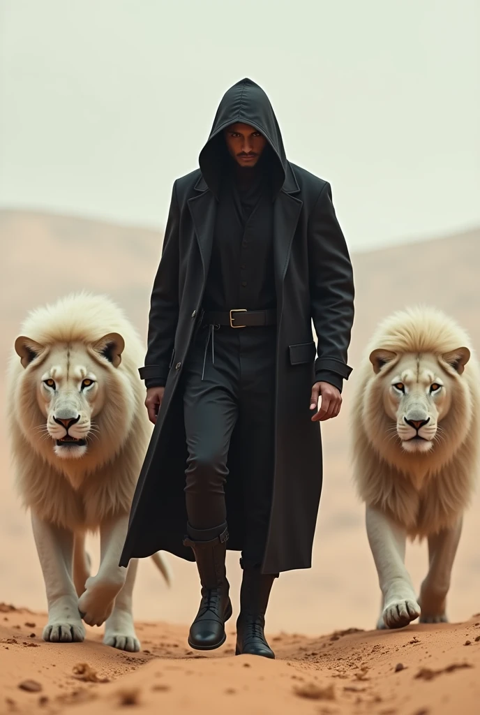 A handsome man with no shirt on, wearing black skinny pants, white fur, in the desert with a falcon and two leopards