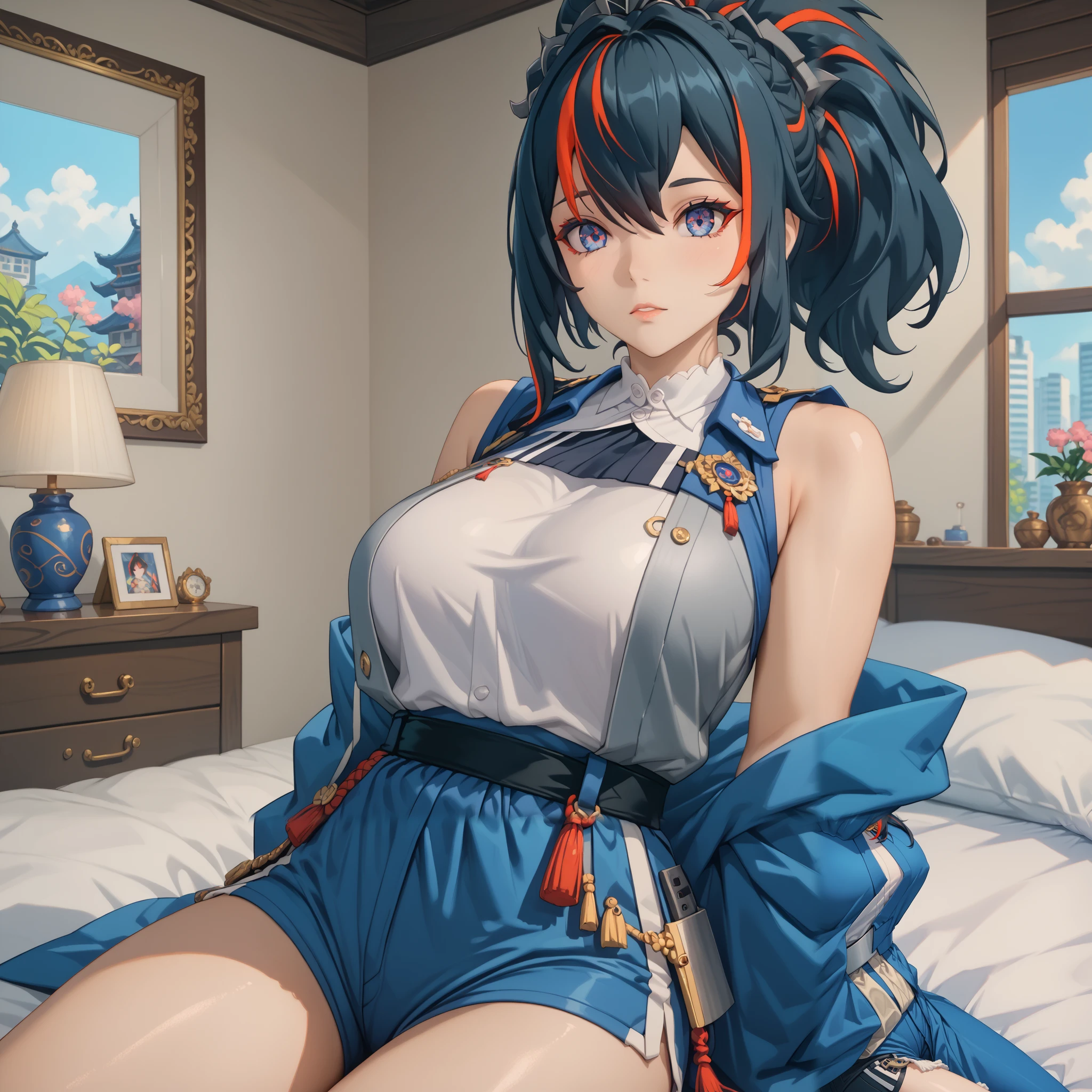 Masterpiece, extremely detailed,solo,1girl,zhu yuan,ponytaol streaked hair,large breasts,wonderful eyes,grey kimono,sleeveless,shorts,looking at viewers,arms behind back,bed rooms,sit on the bed,photograph,cowboy shot