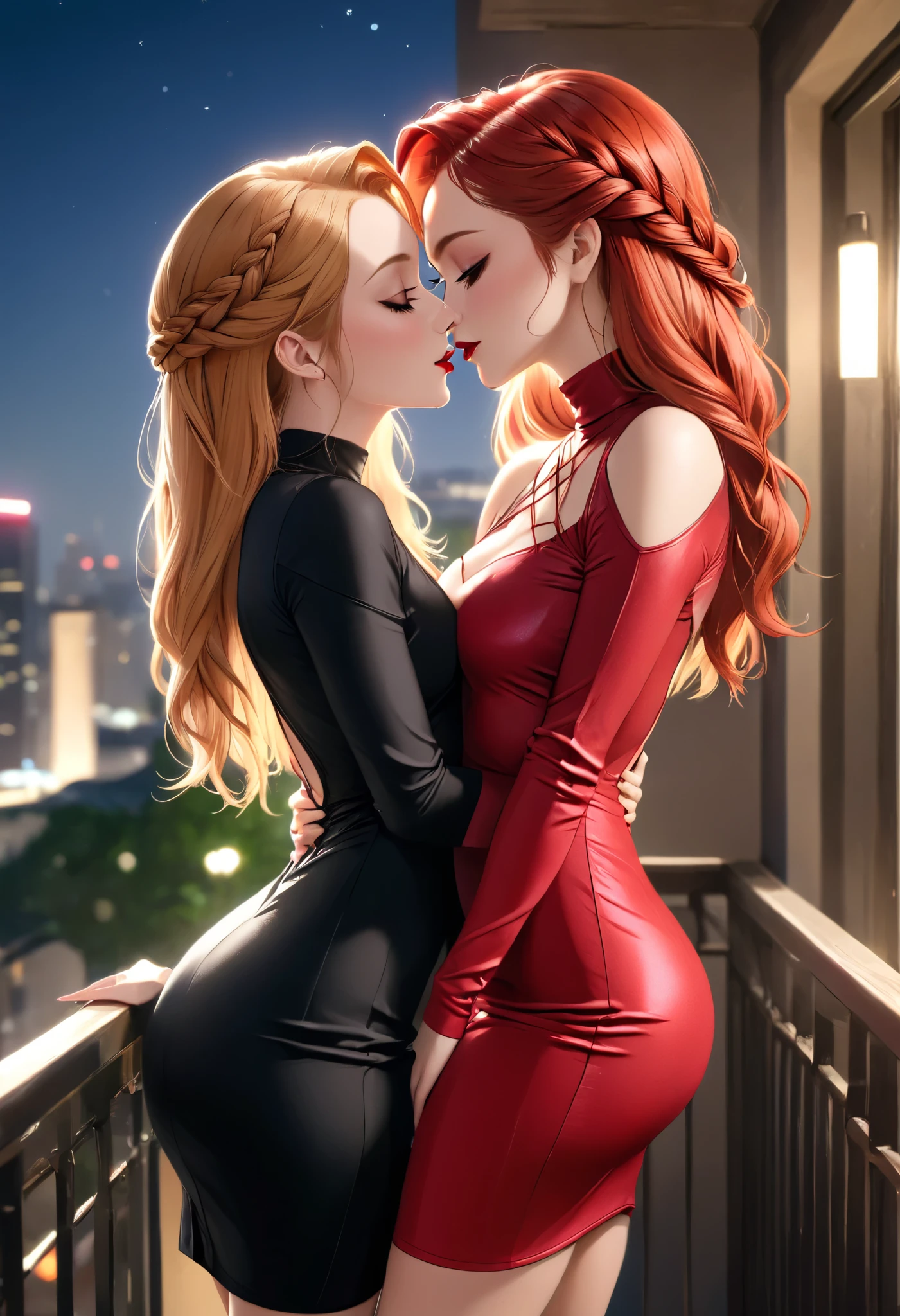 Two beautiful women with long braided red hair and mid wavy blond hair, respectivetly, with blue eyes wearing a Blue Tight Jeans Skirt With Black Leather Belt, a Sexy Criss Cross Mock Neck Mid Sleeves Blouse, ((luxurious jewelry)), standing in a balcony at night, hugging closely and kissing each other (white skin), (red lipstick), (elegant mascara), (muscular body with abs), (small breasts) midjourney, <lora:GoodHands-, <lora:GoodLegs-, UHD, high resolution, (masterpiece:1.1, best quality), (expressive eyes, perfect face, full body, expressive face, perfect body, athletic, fit, slim body, blushing, Perfect makeup, eyeliner, beautiful eyelashes, smiling, horny face), ((Red Blouse)), ((Black Blouse)), ((Tight dress)), ((best illumination, best shadows)), ((lesbian kiss)), ((grabbing each other's ass))