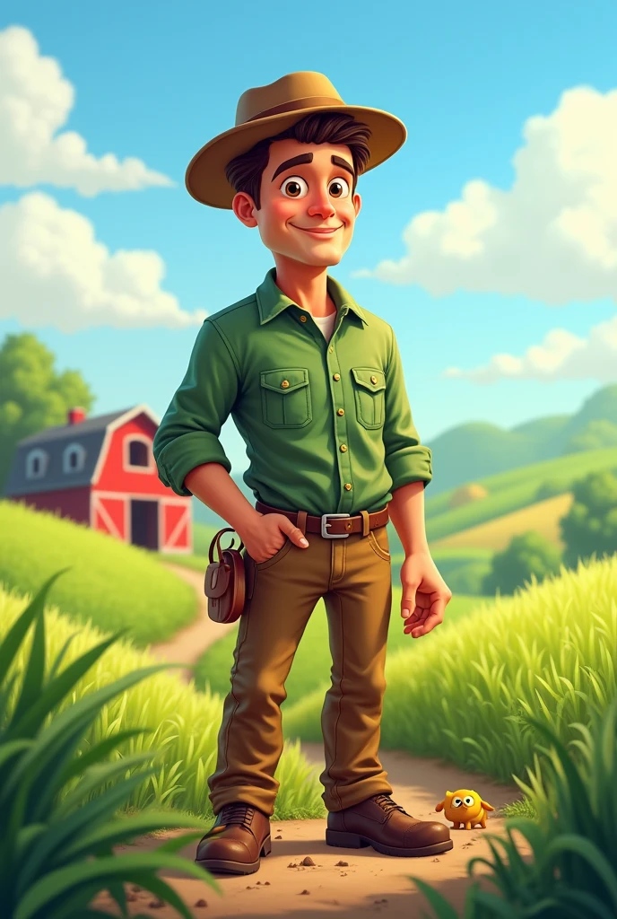 Make a realistic cartoon doll of a farmer wearing a green shirt