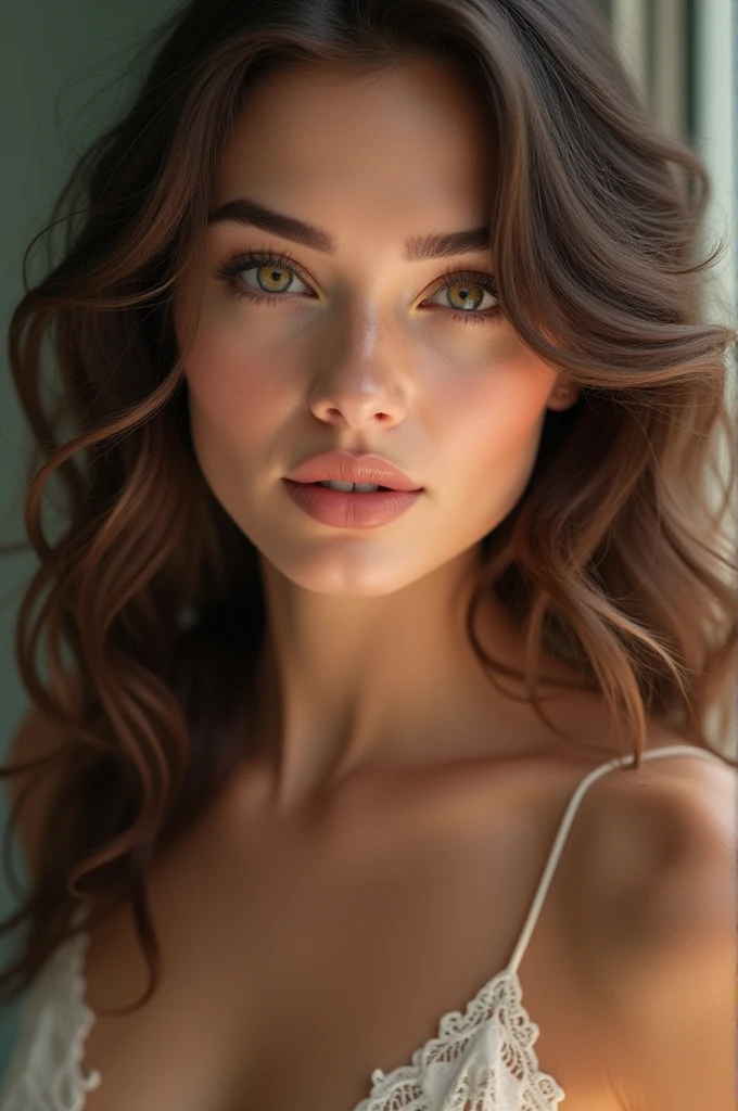 (((Ultra-realistic))) photograph, masterpiece, highest quality, (Pale skin), (very detailed face and eyes:1.3), ((full body:1.5)),Full body girl1 person, Adult, Deep neckline, (eye make up, mascara) , ((Big and thin lips)), ((brown wavy hair)) , ((Natural large Breasts)). ((Pause)), studio ((Lun Guoguang)), (Play of light and shadow), Depth of written boundary, Bokeh, (Pay special attention to the details of your skin: 1.2), (The light atmosphere of the frame, pastel colour), , Super detailed,