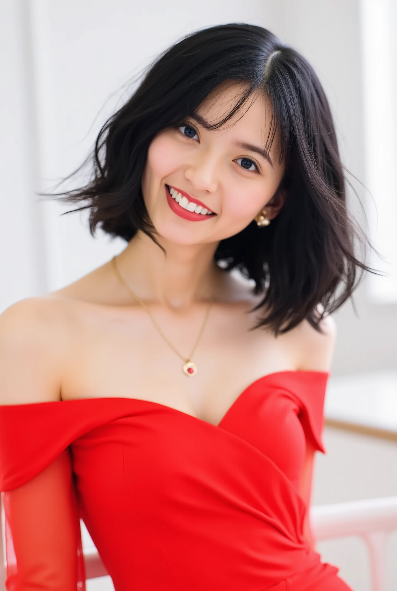 Beautiful Japanese woman 、、 She is wearing a red off-the-shoulder dress、Red eyeshadow 、 black hair、  hairstyle shortcuts、wavy hair 、 、 ear piercing、 Smiling Face Showing Her Teeth 、 necklace、 white background、

