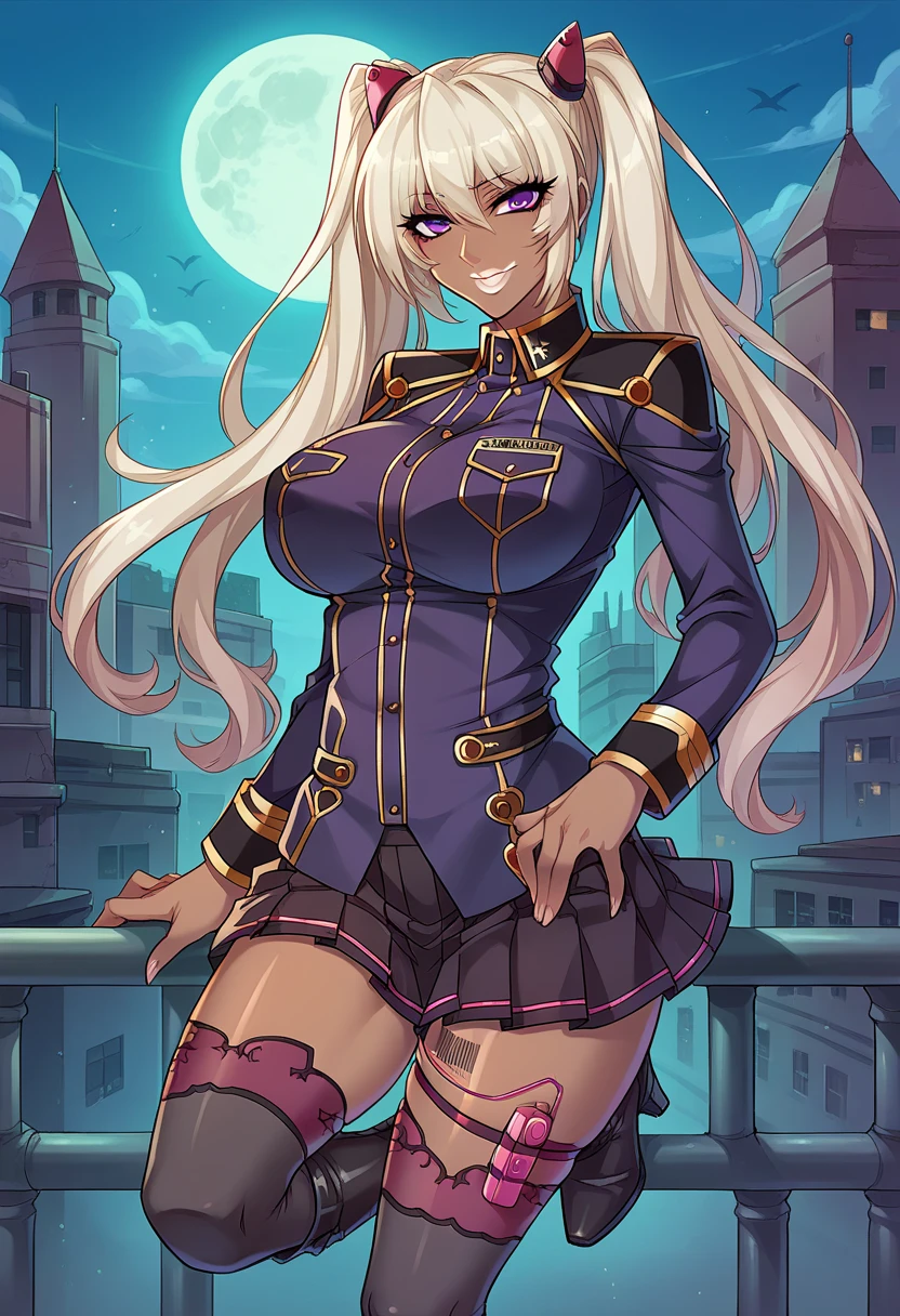 score_9, score_8_ up, score_7_ up, score_6_ up, No posts, break,
Kira Kushan, cowboy shooting at the audience,
1 girl, dark skin solo ,
Audience , , Open Lips, happy,
twin tails, long hair, purple eyes, Thick lips, White lips,
military uniform, pleated skirt, knee-high socks with lace, High Heel Boots, Thigh vibrator, barcode tattoo、
curved , big breasts,
Outdoors, knight , city, rooftop , moon,、 bikini、Leopard print