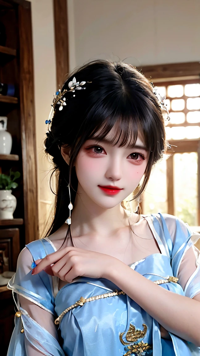 1 realistically beautiful girl, waist length hair, black eyes, ancient Ao Dai, style hanfu, wearing a thin silk shirt of ancient China, pink and smooth white skin, wearing a discreet ancient style ao dai, appears shoulders and head in the photo, Very cute little face, eye bags under wet and detailed makeup, plump red lips, charming small and curved lips, ((closed mouth:1.0)), balanced incisors, embarrassed, small face makeup detailed and very beautifull, The breasts are super round and tight, breast augmentation, blum boobs, Cover the girl's chest with a camisole inside, blush, from front, wear earrings, necklaces, from above, looking at viewer, upturned eyes, full body, masterpiece, top quality, best quality, official art, unity 8k wallpaper, highres, ultra high res, ultra detailed, (photorealistic:1.2), alone, solo, only 1 girl, style hanfu Dunhuang, 10x pixels, super realistic, ultra high quality, portrait body view of the girl, upper body,