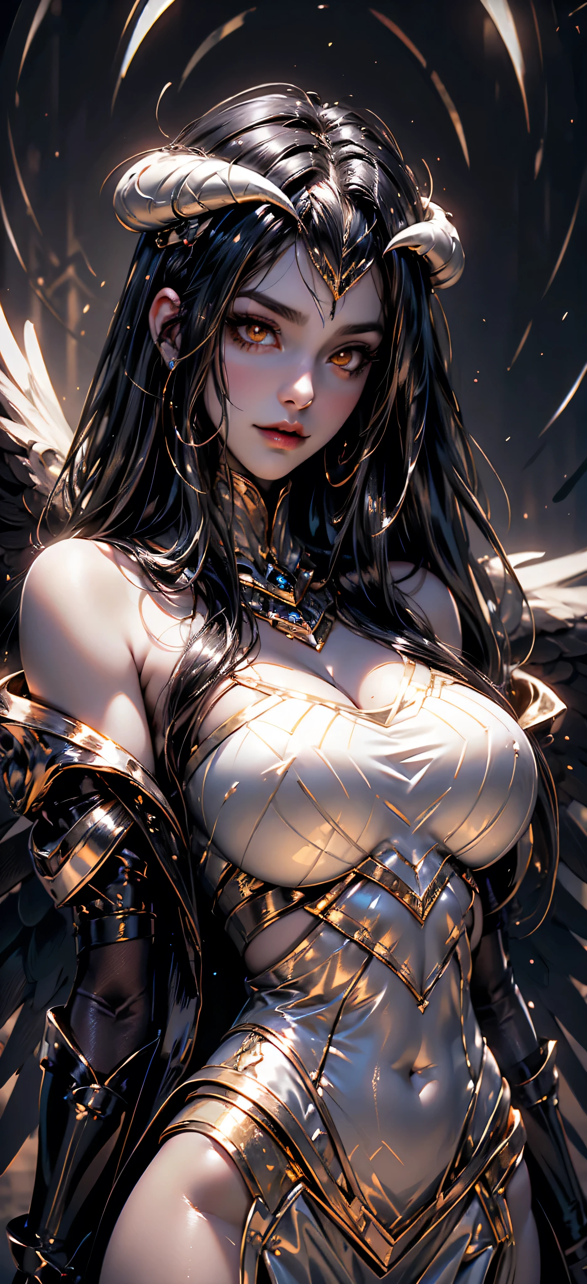 A (super realistic, 8k_resolution) beautiful sexy woman(albedo _overlord) with (orange_eyes with perfect_detailing) and white_attire(detailed) with gold jewellery on perfect huge sexy breasts, beautiful breast, black long beautiful hair, hyper detailed black wings ,(wallpaper style eyes )(wallpaper style body pose)(standing in middle with complete face visible and both eye to eye contact)(every thing with best detailing)