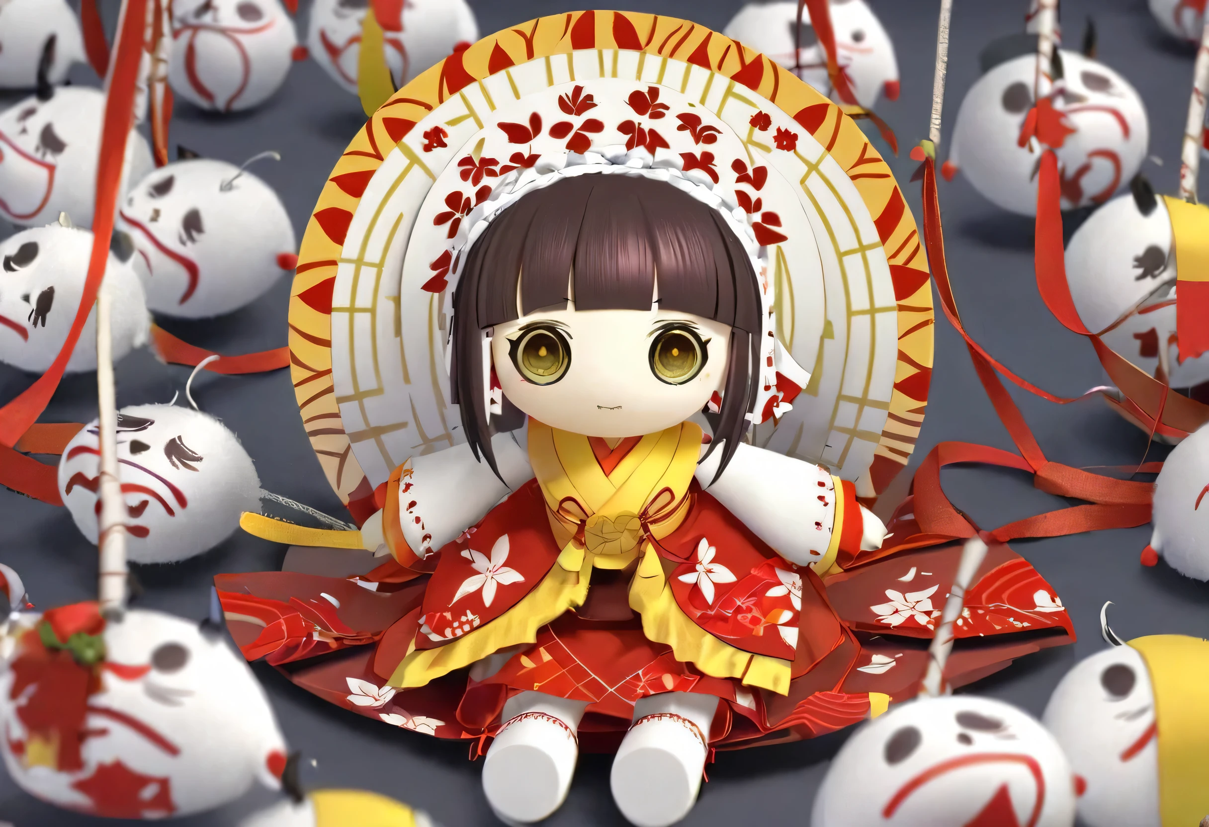 red and white doll with face and red and yellow design, momoshiki ōtsutsuki, Japanese mascot, The Haunting of Karino, 3d model of a Japanese mascot, Madotsuki , is inspired by the fall equinox tensho, creation