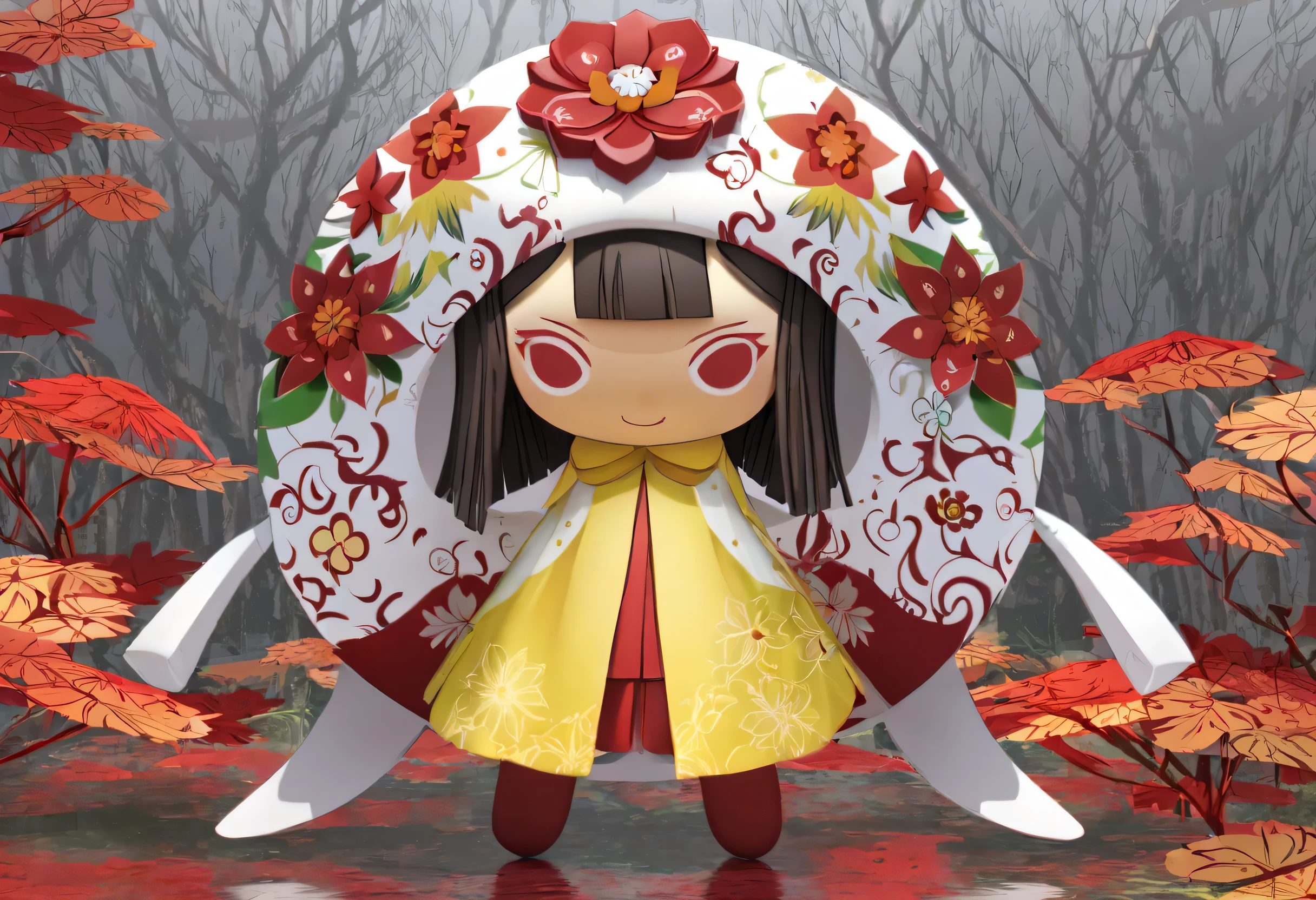 red and white doll with face and red and yellow design, momoshiki ōtsutsuki, Japanese mascot, The Haunting of Karino, 3d model of a Japanese mascot, Madotsuki , is inspired by the fall equinox tensho, creation