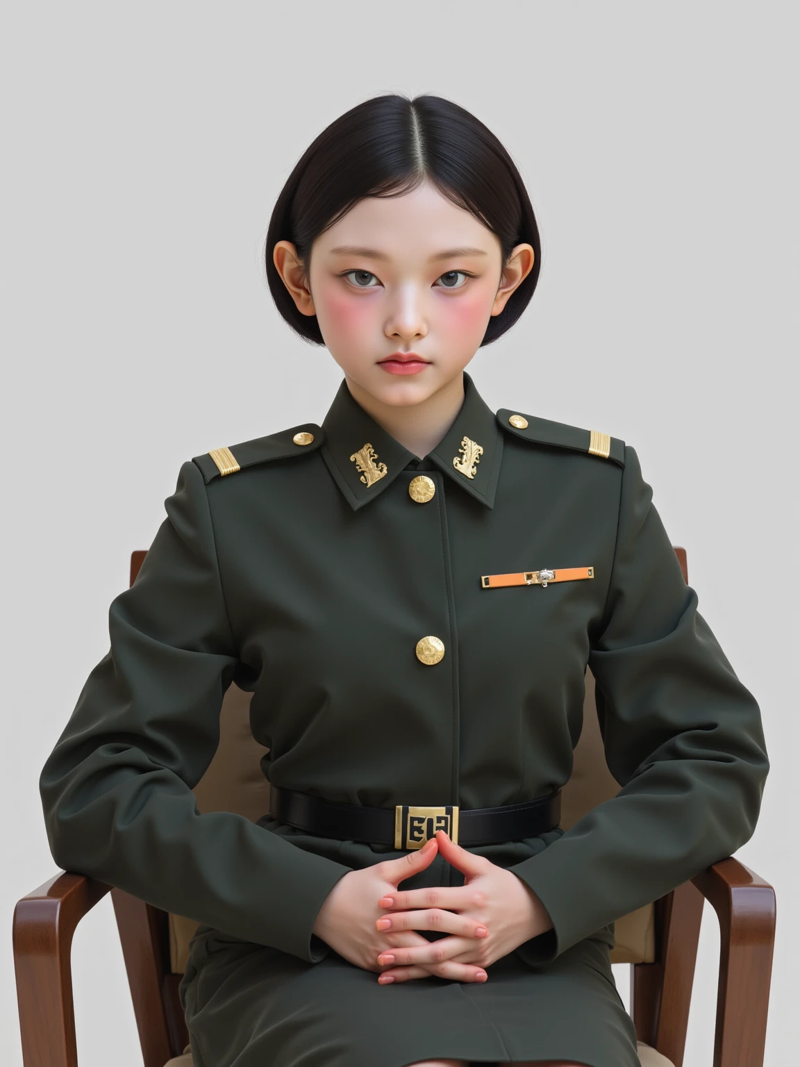 16 year old girl, very beautiful, in the Howards uniform with the Slytherin emblem, It would be long black wavy hair