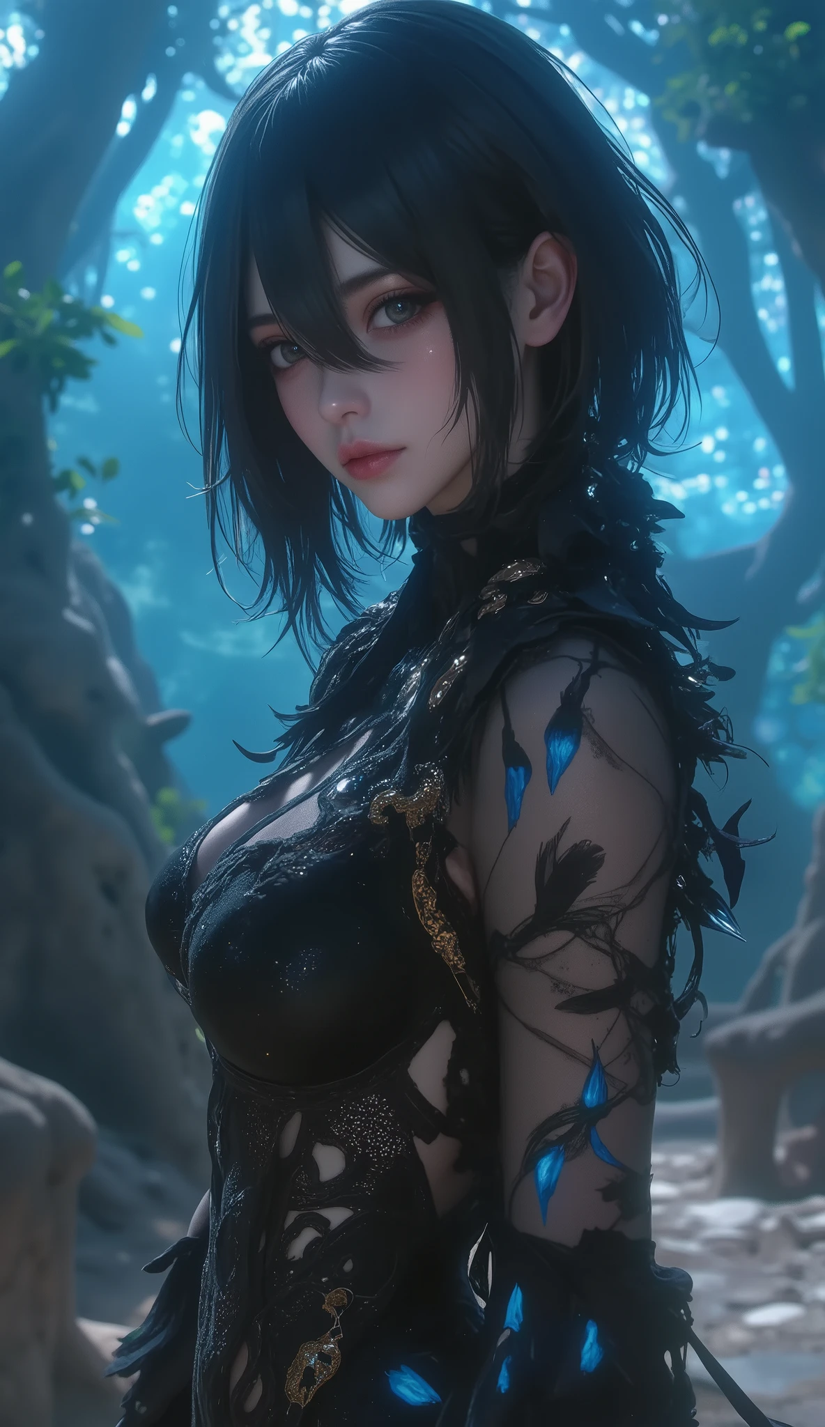 a very beautiful milky white anime style girl super ultra HD 8k high quality resolution " dark female character , mysterious in another dimension, fantasy style exterior . she styled her long black hair elegantly 、 dark in intricate designs with feathers and metallic accents I'm wearing a costume. the costume is highly exposed but 、 has artistic details , Glowing blue element . background is an otherworldly , swirling shadows and fantastic light , Adds a magical atmosphere. Her expression is