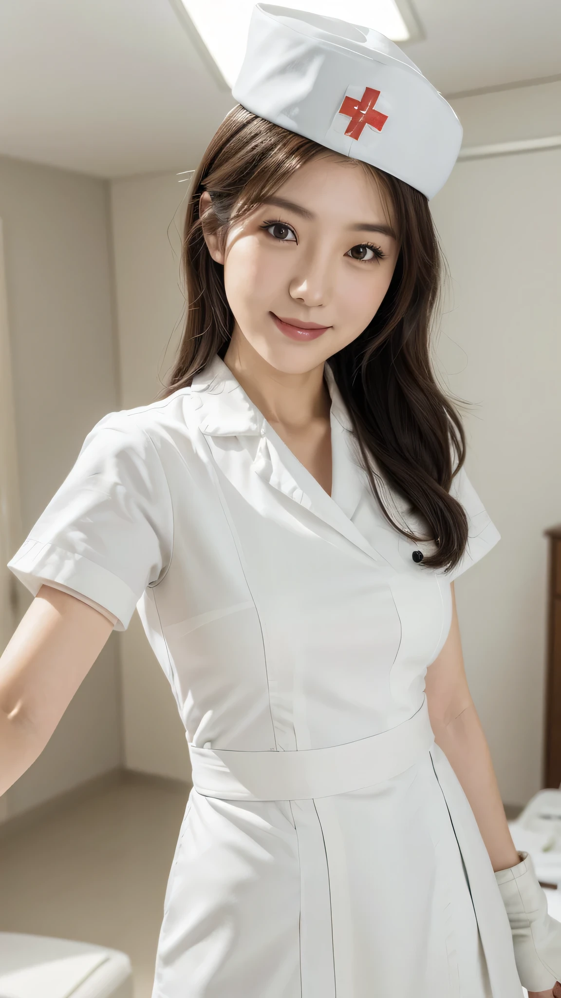 Kuwayama Chiyuki , sex, single blade, hair over shoulders, tea hair, brown eyes, face details, Alone, Nurse, ((white Nurse cap, white Nurse's outfit)), ((white leg ornament , Extraordinary Realm )), white gloves, smile, standing, Hospital room, sharp outline, Short sleeve, best quality , Masterpiece、Full body high definition image。
