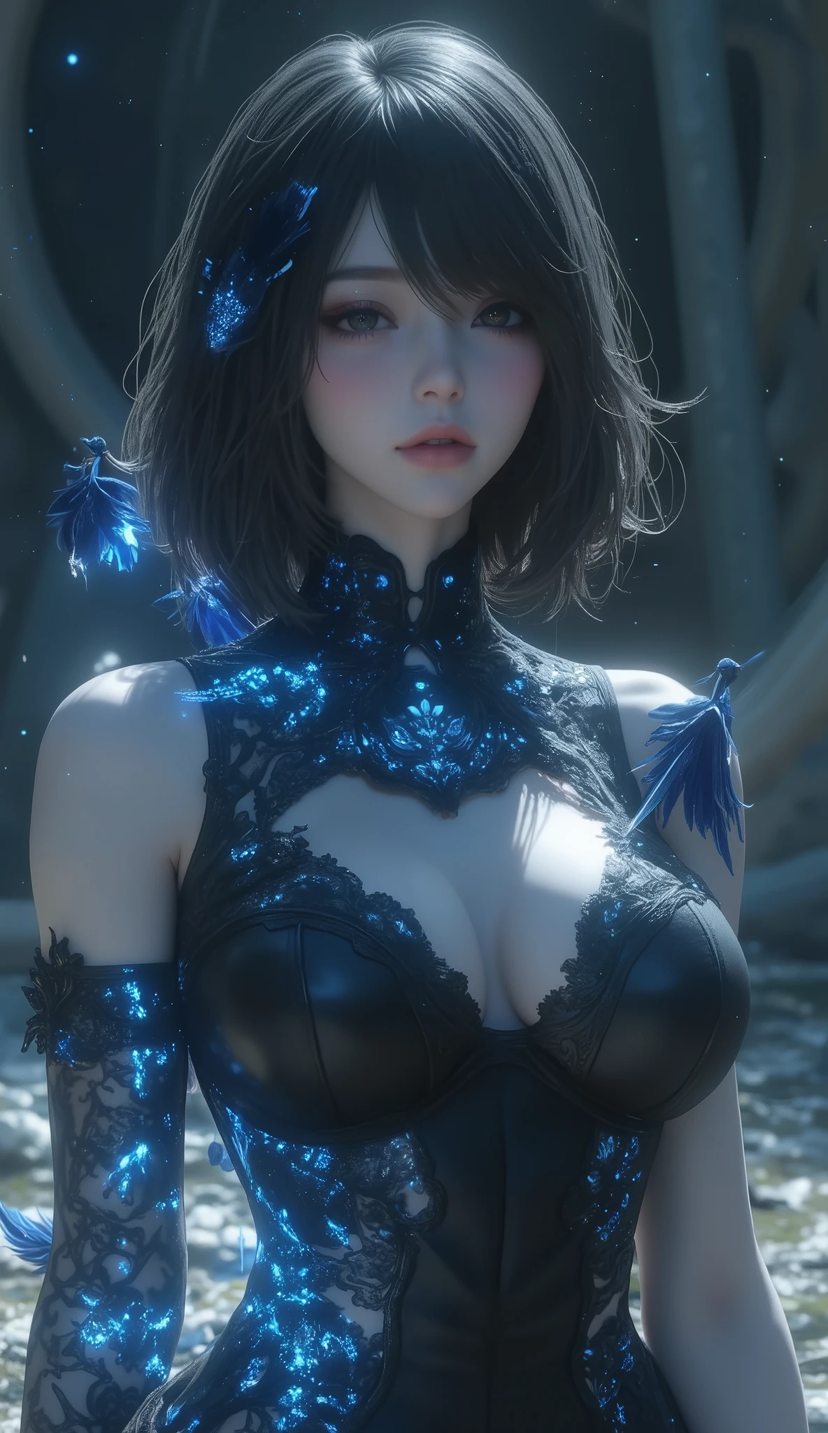 (photorealism, best quality, high details, high-resolution:1.2, masterpiece, 4K), (dark fantasy illustration:1.3), portrait of beautiful woman, ((surrounded by black fog coming form all directions)), woman, messy black hair, nude, beautiful face, hourglass body, blue eyes, ((blue glowing eyes)), elegant, intricate , hourglass figure, (finely detailed beautiful eyes: 1.2), ((huge breasts)), perfect body, looking at viewer, enchanting gaze, 1girl, full body portrait, cinematic lighting, darkness, dark scene, ((dim light)), mute lighting, super detailed, ultrarealistic, digital photography