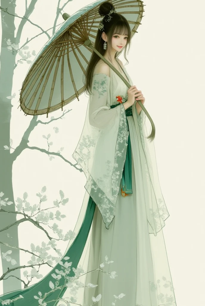 painting of a woman dressed in traditional Chinese dress with a bamboo umbrella, in the style of romantic manga, ethereal transparency, dark white and light gray, i can't believe how beautiful this is, romantic illustrations, dark white and light green, feminine sensibilities --ar 71:128 --stylize 750