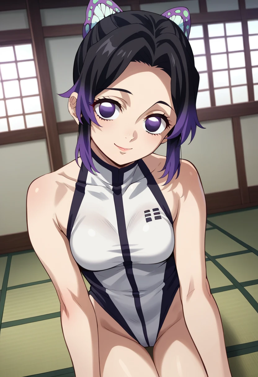 (One girl, alone), Highest quality, masterpiece, (Lean on:1.4), One girl, yuzuriha_(jigokuraku), Purple Hair, Brown eyes, Cleavage, Medium chest, Topknot, Medium Hair, Let go of my chest, Captivating smile, (blush:1.1), Appearance of the Japan, ponytail, Cleavage, Ninja, Ninja服, Dark blue clothing, Open clothes, Leaning forward, 