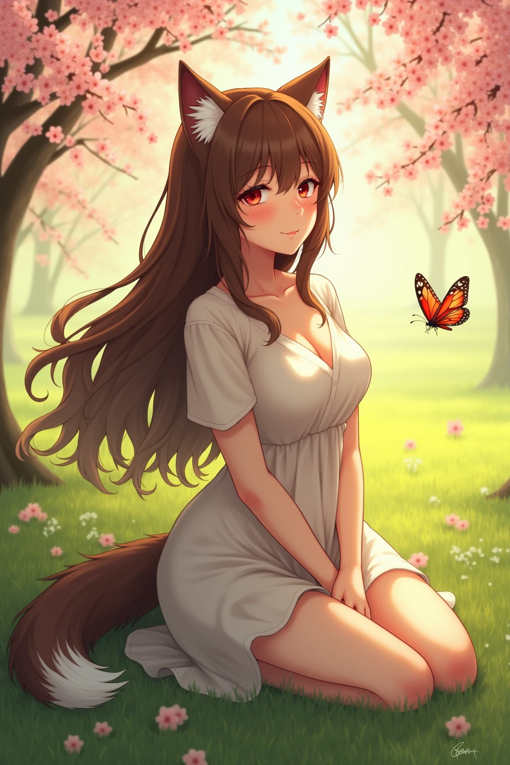 masterpiece,best quality, 1girl, solo, slight , smile, slight smile, cherry, sunlight dapple, butterfly, grass animal ears,wolf ears,long hair, tail, wolf tail, red eyes, wolf girl,brown hair, sexy