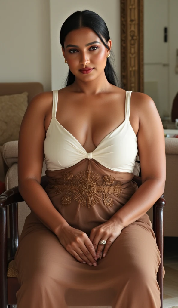 A hot japanese woman, smiling, brown hair, long flowy hair style, long legs, braless, ultra colossal breasts, plump body, casual white tight maxi dress with u-neck jersey short-sleeve, high heels, stilettos, In the living room, finely detailed beautiful eyes and detailed face, seductive, sexy, front view, open legs