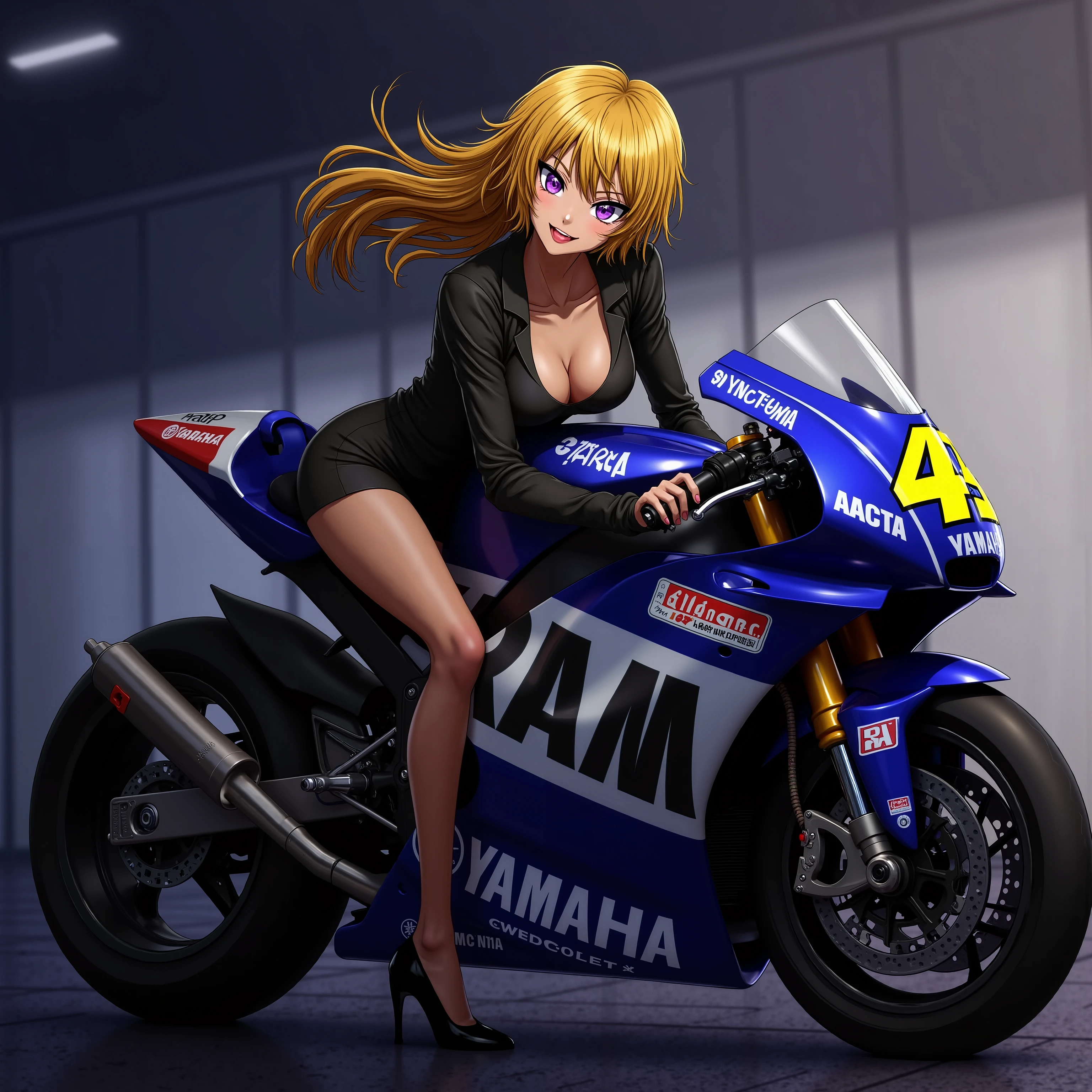 A Girl is riding a YAMAHA　モビスターカラー　motogp, glossy brown skin, small breasts, video, Yellow Hair,  inviting, top quality,  textured skin, 細い足 、 high heels、 movie light effect, アニメ 