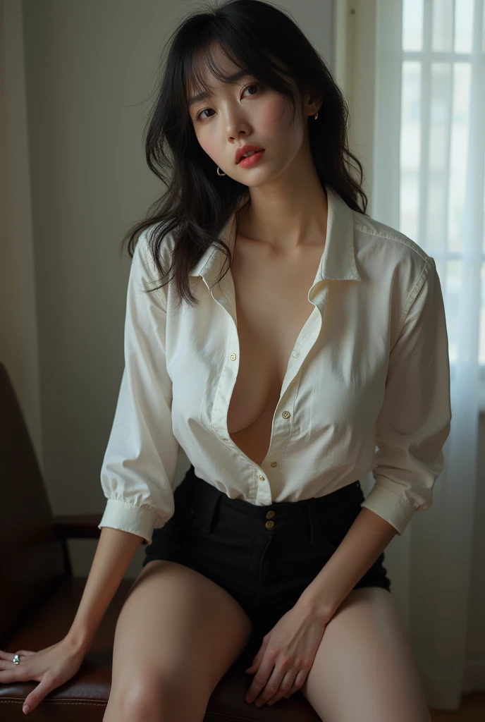 Highest quality, masterpiece, (Realistic:1.4), One girl, A light smile, Bob,A collared shirt with underwear showing through, E Cup,Erotic,whole body, Dramatic lighting, From below
