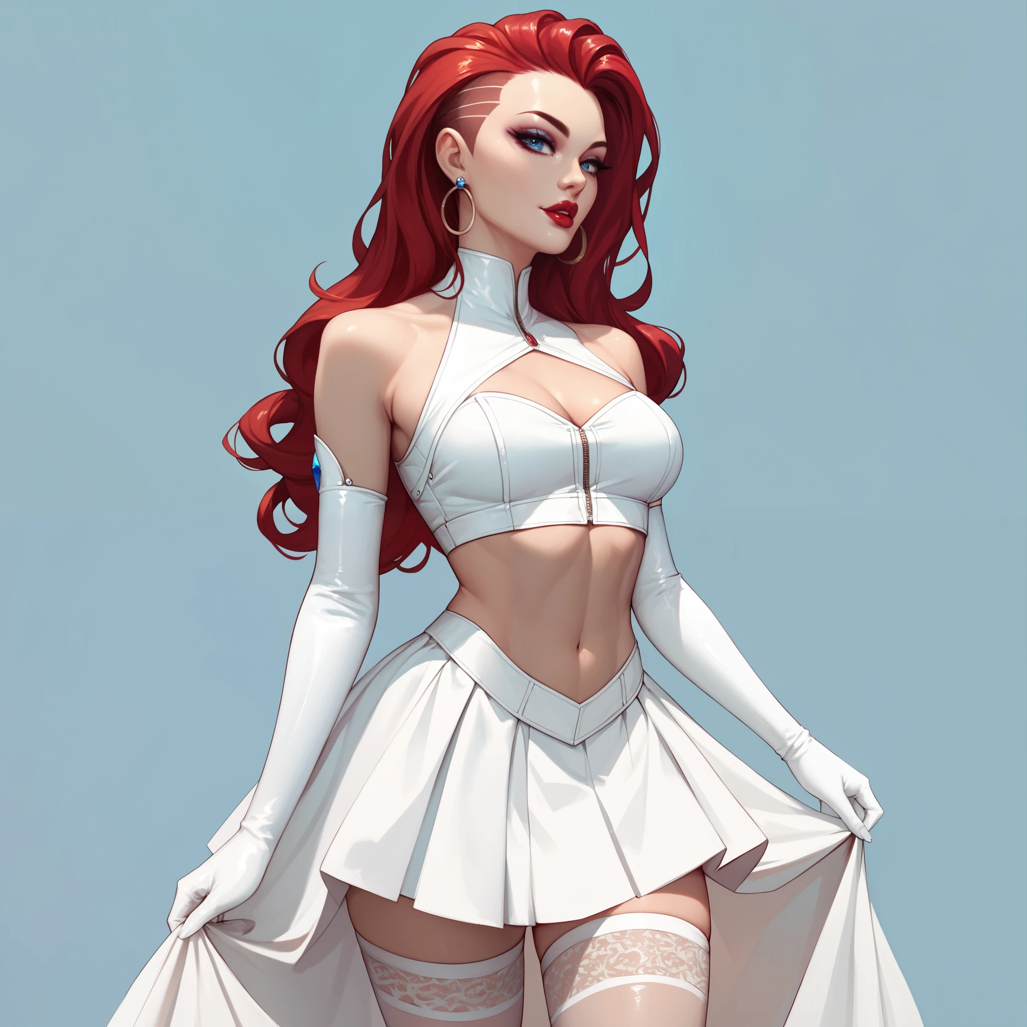 gorgeous girl in sexy standing, ((hair slicked back, long hair,)), large blue eyes, red lip gloss, perfect body, white skirt,crop top,thighhighs,elbow gloves, masterpiece, highres, ((plain background:1.3))