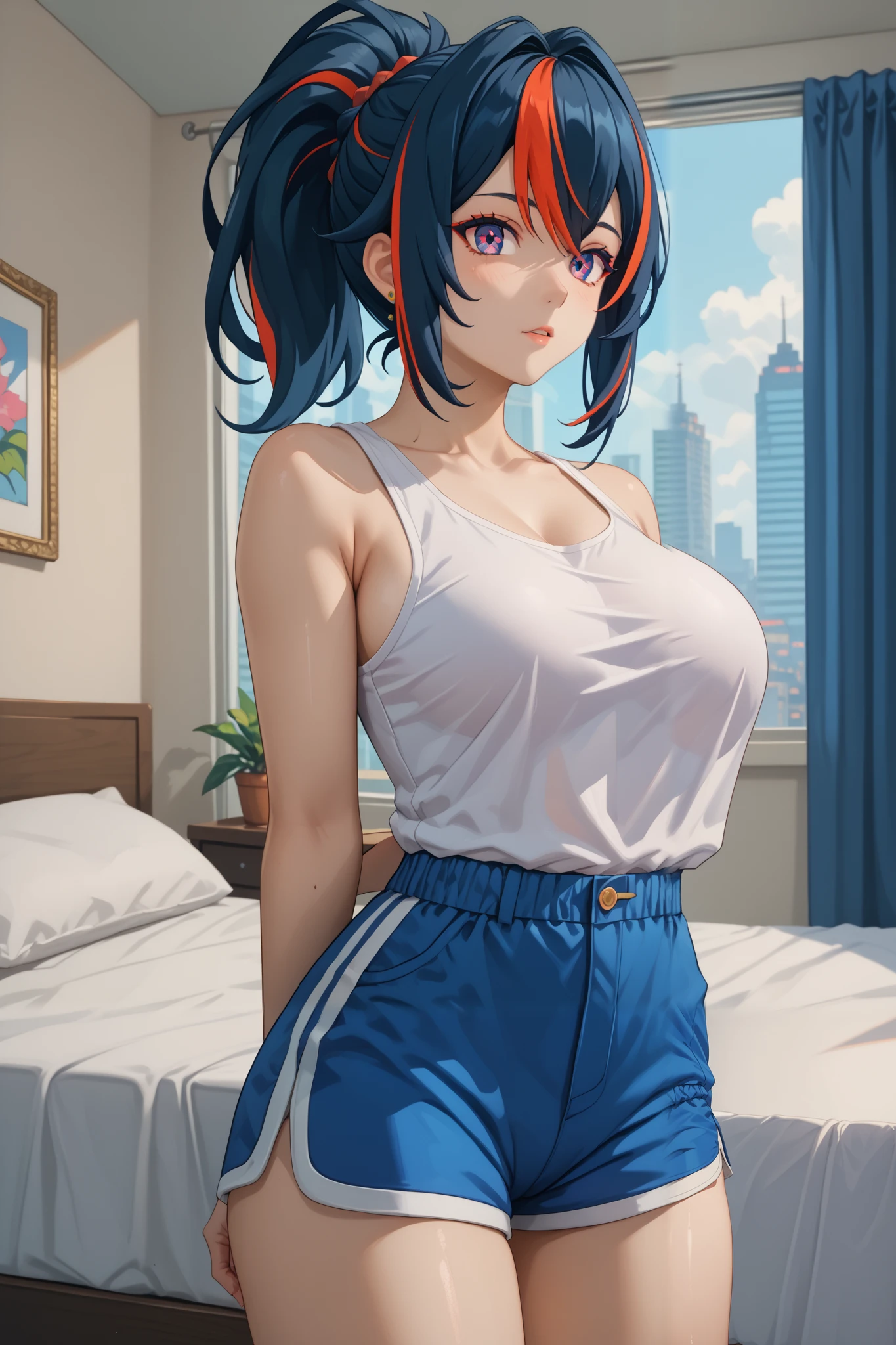 Masterpiece, extremely detailed,solo,1girl,zhu yuan,fullbody,slim perfect body,ponytail streaked hair,large breasts,wonderful eyes,white tanktop,sleeveless,shorts,looking at viewers,arms behind back,bed rooms,sit on the bed,photograph,cowboy shot