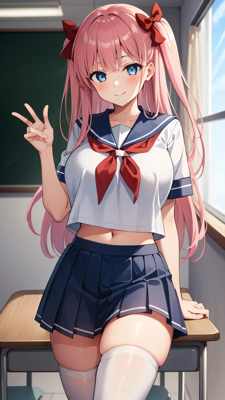 1girl, Tenebria, (pink hair), evil, blush, lipstick, long hair, pink hair, medium breast, crazy eyes , masterpiece, best quality, highly detailed, a anime girls in sailor uniforms with a gun posing for a picture,
evil smile, smile, open mouth,black_serafuku, ecchi anime style, anime girls , (nsfw) not safe for work,
ecchi style, ecchi, shipgirls, digital anime art!!, high school girls, holding a gun, hold a gun, anime style 4
k, micro skirt, exposed belly, exposed navel, exposed midriff,
exposed lower belly,school, classroom