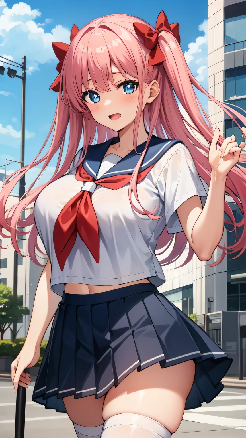 nodokaharamura, Nodoka Haramura, Blue eyes, Hair Bow, Long hair, Pink hair, Bow,
Blake Blue Skirt, Kiyosumi , Pleated skirt, , serafuku, Skirt,
BREAK looking at viewer,
Break indoors, crass room,
BREAK (masutepiece:1.2), Best Quality, High resolution, Unity 8k壁纸, (Illustration:0.8), (Beautiful detailed eyes:1.6), extra detailed face, Perfect Lighting, extremely details CG, (Perfect hands, Perfect Anatomy),seductive smile,gigantic breasts,female,